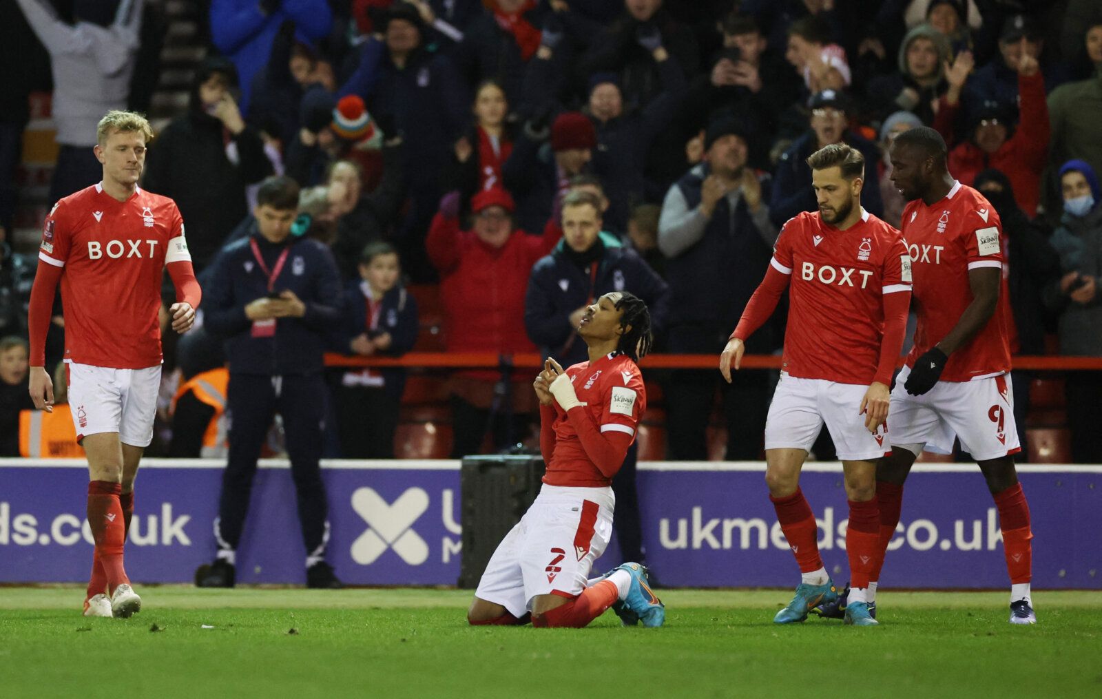 Soccer Football - FA Cup - Fourth Round - Nottingham Forest v Leicester City - The City Ground, Nottingham, Britain - February 6, 2022 Nottingham Forest's Djed Spence celebrates scoring their fourth goal Action Images via Reuters/Carl Recine