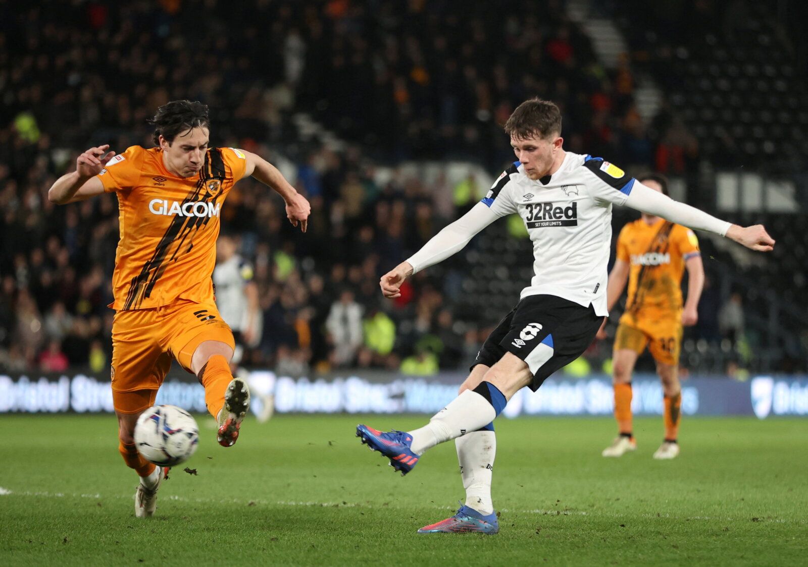 Soccer Football - Championship - Derby County v Hull City - Pride Park, Derby, Britain - February 8, 2022  Derby County's Max Bird shoots at goal   Action Images/Molly Darlington  EDITORIAL USE ONLY. No use with unauthorized audio, video, data, fixture lists, club/league logos or 