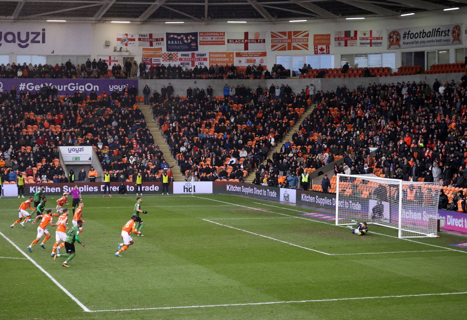 Soccer Football - Championship - Blackpool v AFC Bournemouth - Bloomfield Road, Blackpool, Britain - February 12, 2022  Blackpool's Dan Grimshaw saves Bournemouth's Dominic Solanke penalty     Action Images/Molly Darlington  EDITORIAL USE ONLY. No use with unauthorized audio, video, data, fixture lists, club/league logos or 