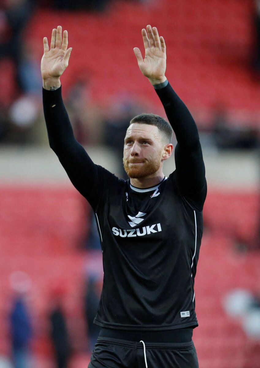 Soccer Football - Sunderland v Milton Keynes Dons - Stadium of Light, Sunderland, Britain - February 19, 2022 Milton Keynes Dons' Connor Wickham celebrates after the match  Action Images/Ed Sykes??EDITORIAL USE ONLY. No use with unauthorized audio, video, data, fixture lists, club/league logos or 