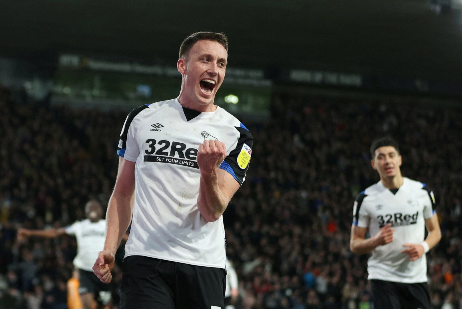 Soccer Football - Championship - Derby County v Hull City - Pride Park, Derby, Britain - February 8, 2022  Derby County's Craig Forsyth celebrates after scoring their first goal   Action Images/Molly Darlington  EDITORIAL USE ONLY. No use with unauthorized audio, video, data, fixture lists, club/league logos or 