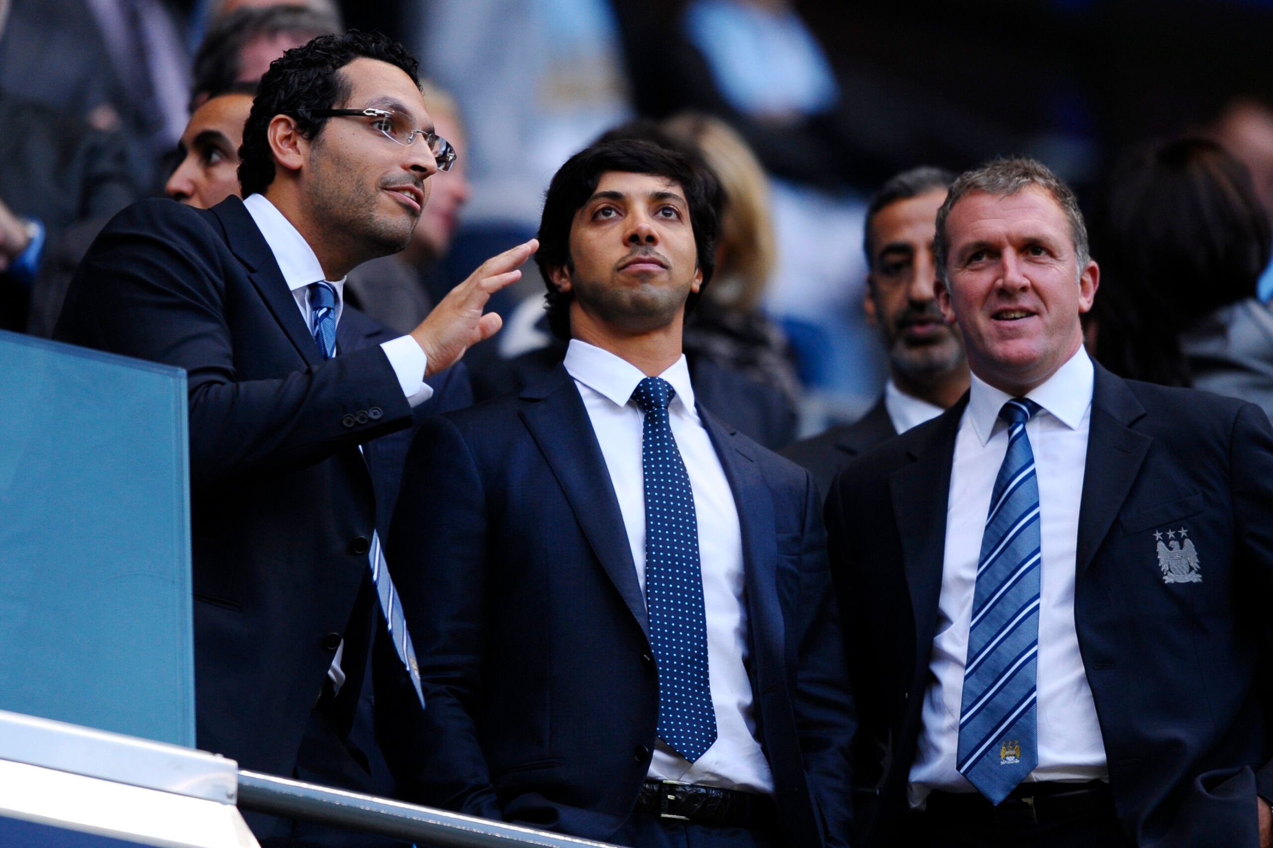 Football - Manchester City v Liverpool - Barclays Premier League - The City of Manchester Stadium - 10/11 - 23/8/10 
(L-R) - Manchester City Chairman Khaldoon Al Mubarak, owner Sheikh Mansour and Chief Executive Garry Cook  
Mandatory Credit: Action Images / Jason Cairnduff 
NO ONLINE/INTERNET USE WITHOUT A LICENCE FROM THE FOOTBALL DATA CO LTD. FOR LICENCE ENQUIRIES PLEASE TELEPHONE +44 (0) 207 864 9000.
