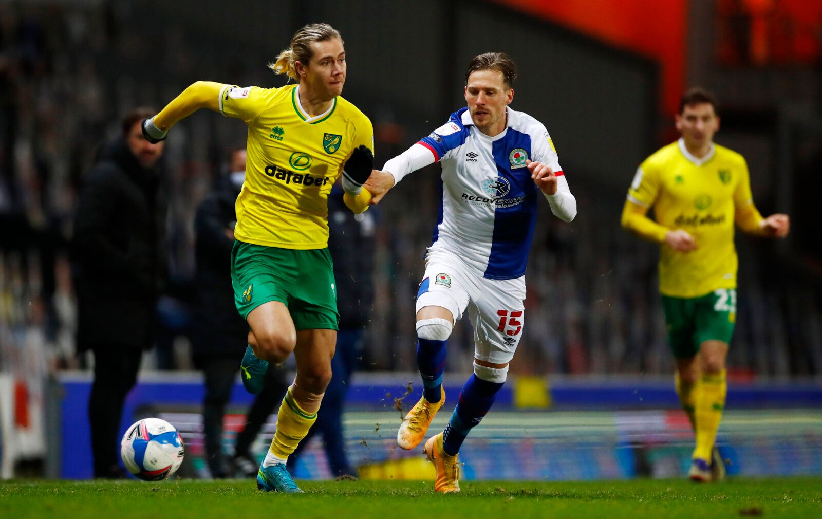 Soccer Football - Championship - Blackburn Rovers v Norwich City - Ewood Park, Blackburn, Britain - December 12, 2020 Norwich City's Todd Cantwell in action with Blackburn Rovers' Barry Douglas Action Images/Jason Cairnduff EDITORIAL USE ONLY. No use with unauthorized audio, video, data, fixture lists, club/league logos or 'live' services. Online in-match use limited to 75 images, no video emulation. No use in betting, games or single club /league/player publications.  Please contact your accoun
