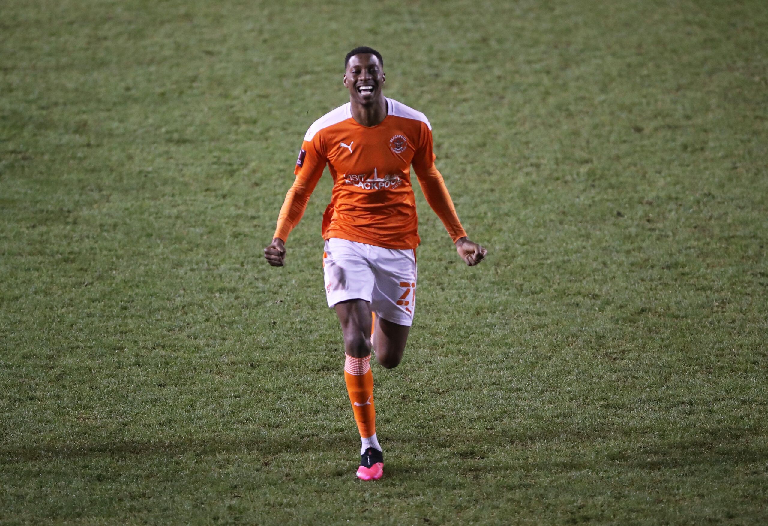 Soccer Football - FA Cup - Third Round - Blackpool v West Bromwich Albion - Bloomfield Road, Blackpool, Britain - January 9, 2021 Blackpool's Marvin Ekpiteta celebrates during the penalty shootout Action Images via Reuters/Molly Darlington
