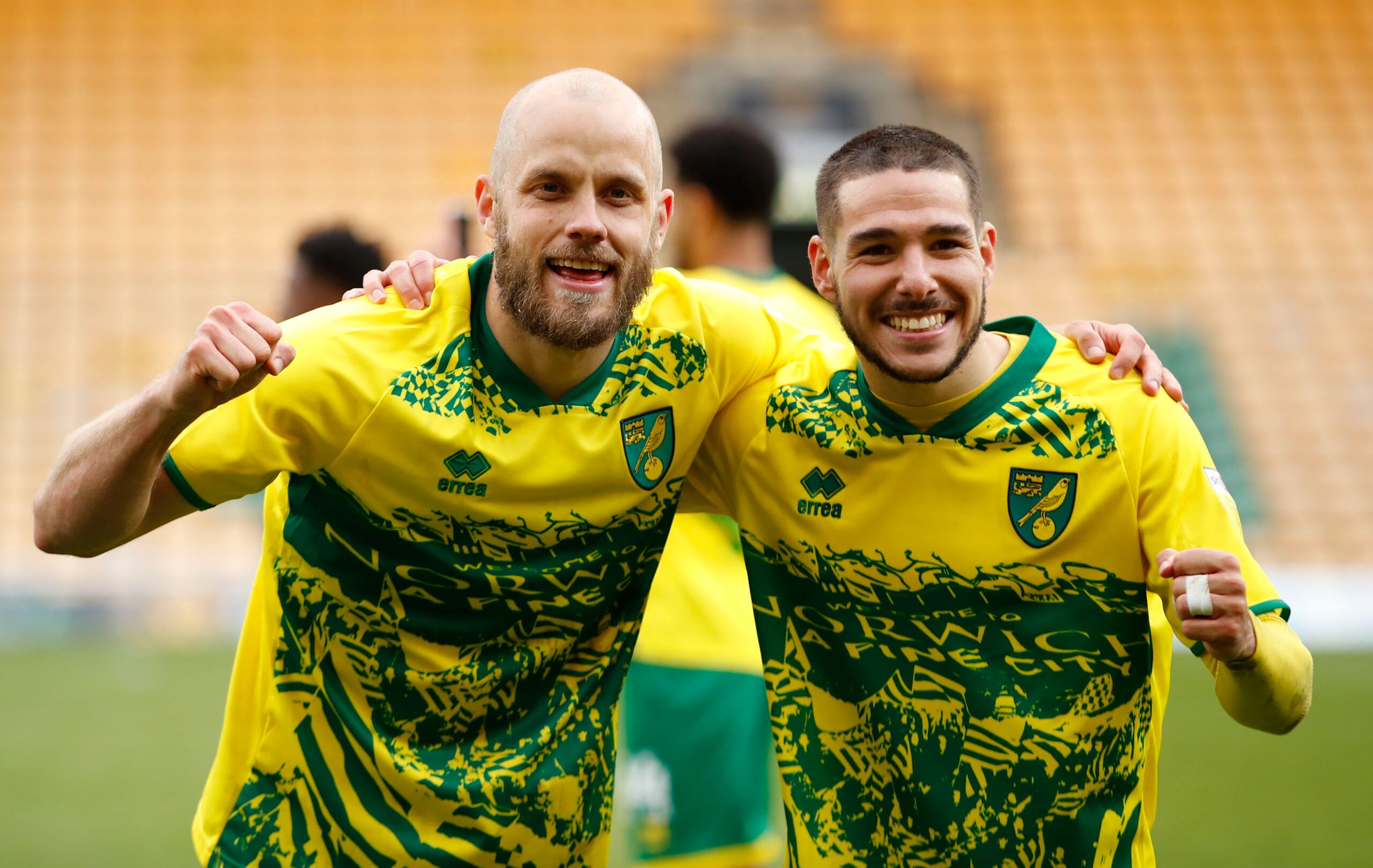 Soccer Football - Championship - Norwich City v Reading - Carrow Road, Norwich, Britain - May 1, 2021 Norwich City's Teemu Pukki and Emiliano Buendia celebrate after winning the Championship Action Images via Reuters/Andrew Boyers EDITORIAL USE ONLY. No use with unauthorized audio, video, data, fixture lists, club/league logos or 'live' services. Online in-match use limited to 75 images, no video emulation. No use in betting, games or single club /league/player publications.  Please contact your