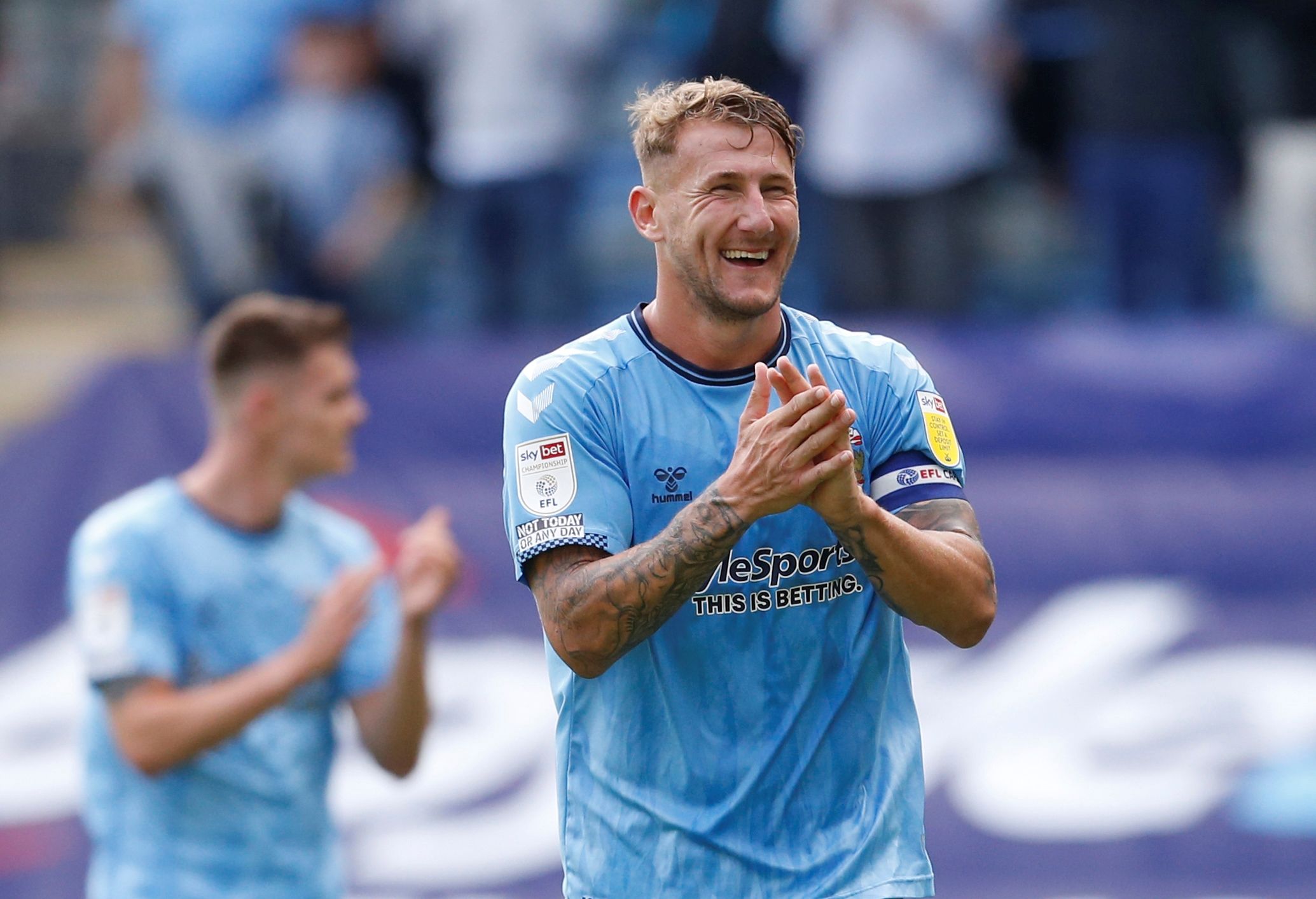 Soccer Football - Championship - Coventry City v Nottingham Forest - Coventry Building Society Arena, Coventry, Britain - August 8, 2021 Coventry City's Kyle McFadzean applauds the fans after the match Action Images/Ed Sykes