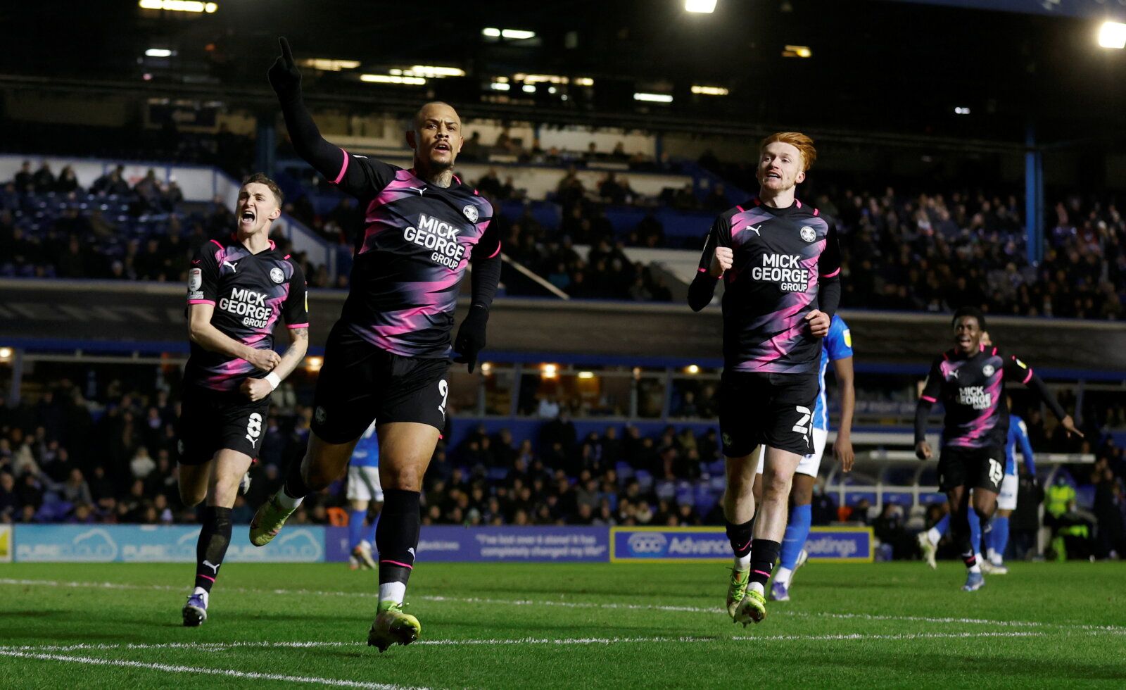 Soccer Football - Championship - Birmingham City v Peterborough United - St Andrew's, Birmingham, Britain - January 25, 2022 Peterborough United's Jonson Clarke-Harris celebrates scoring their second goal Action Images/Jason Cairnduff EDITORIAL USE ONLY. No use with unauthorized audio, video, data, fixture lists, club/league logos or 