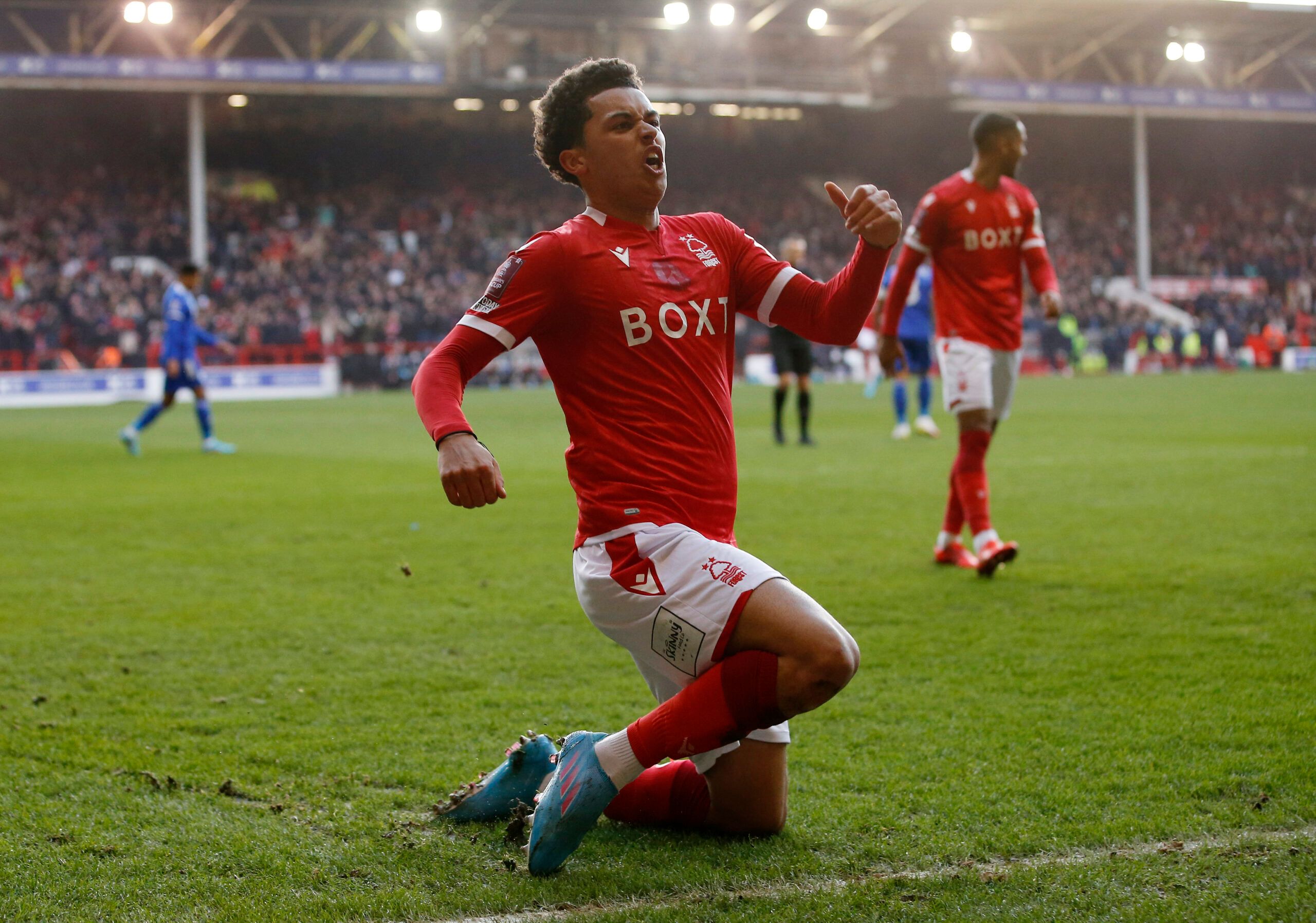 Soccer Football - FA Cup - Fourth Round - Nottingham Forest v Leicester City - The City Ground, Nottingham, Britain - February 6, 2022 Nottingham Forest's Brennan Johnson celebrates scoring their second goal REUTERS/Craig Brough