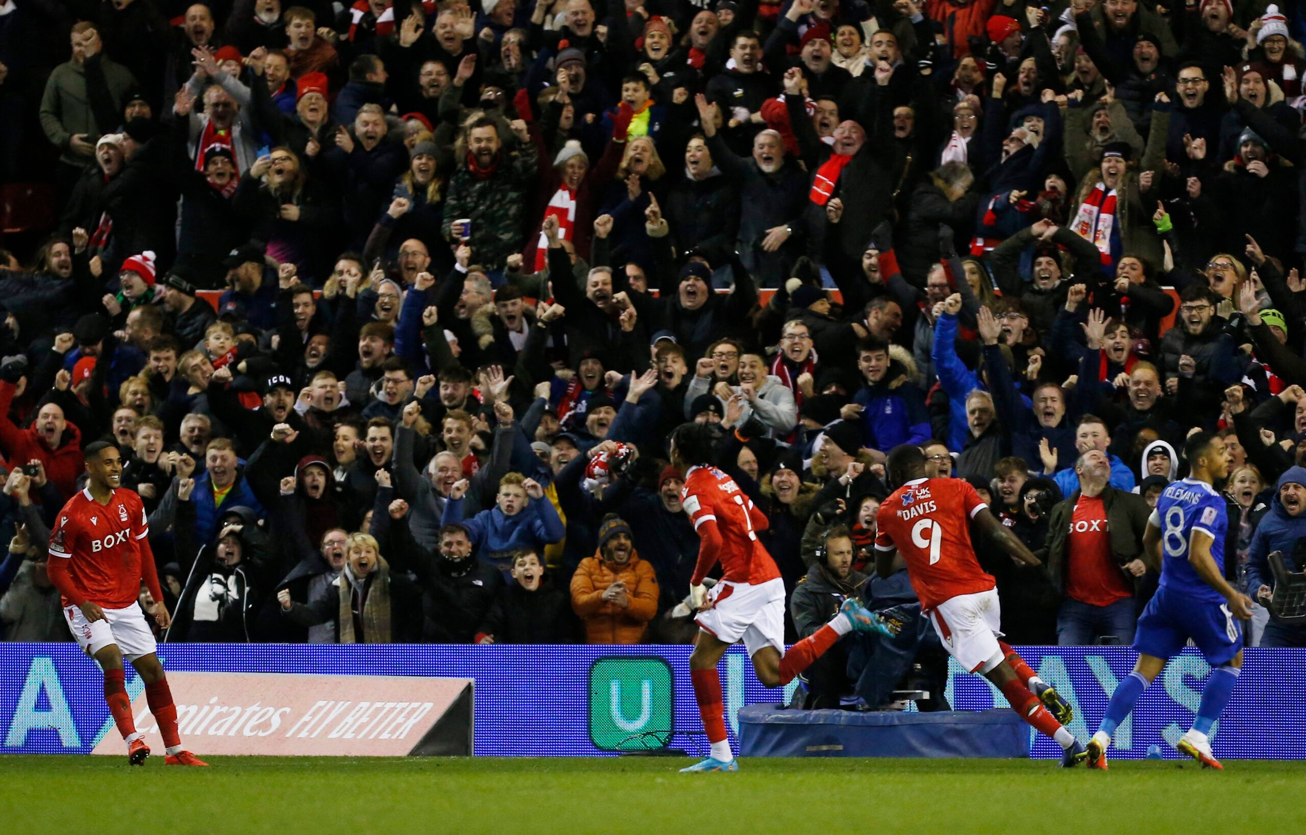 Soccer Football - FA Cup - Fourth Round - Nottingham Forest v Leicester City - The City Ground, Nottingham, Britain - February 6, 2022 Nottingham Forest's Djed Spence celebrates scoring their fourth goal with Keinan Davis REUTERS/Craig Brough