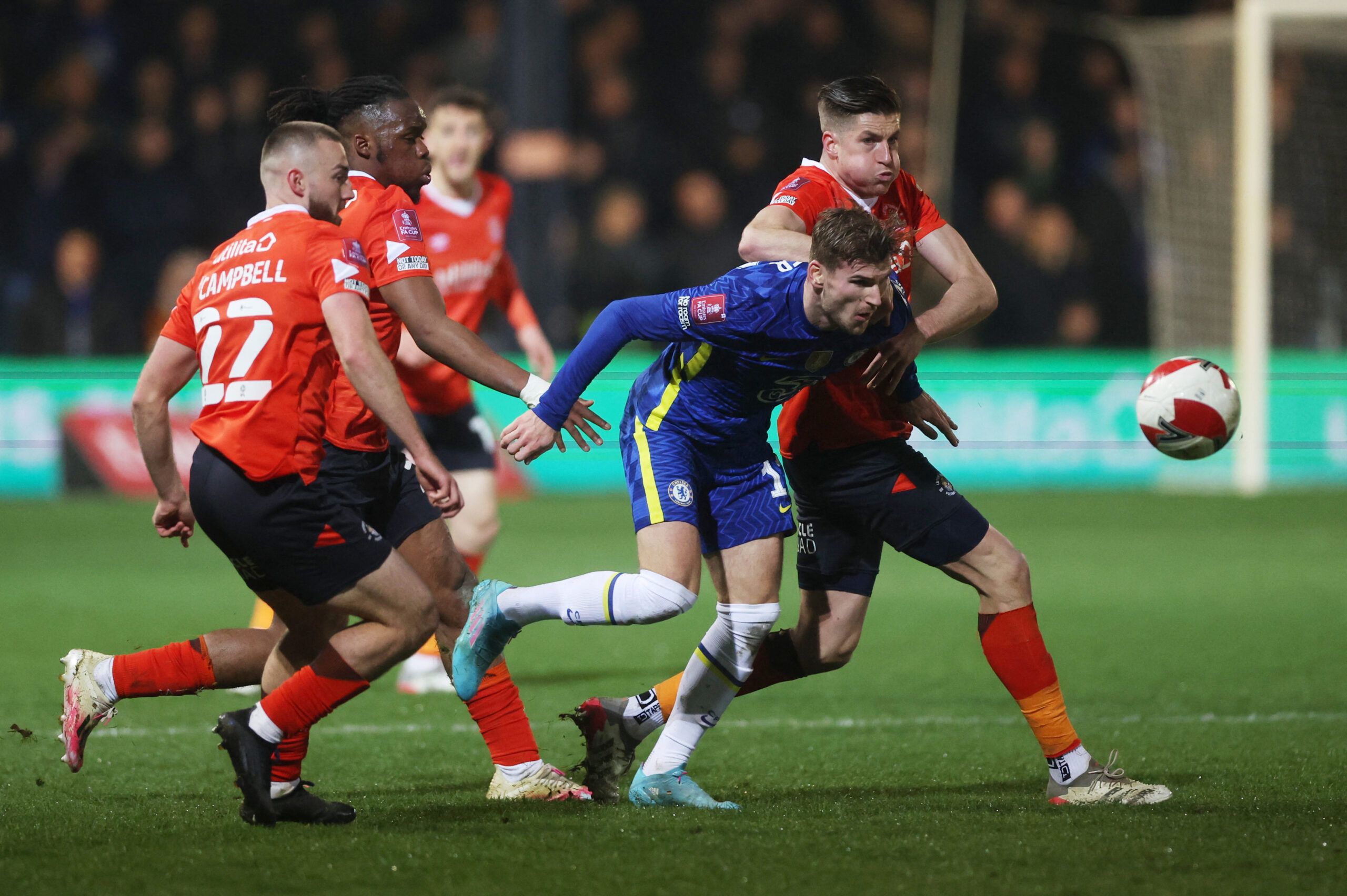 Soccer Football - FA Cup Fifth Round - Luton Town v Chelsea - Kenilworth Road, Luton, Britain - March 2, 2022 Chelsea's Timo Werner in action with Luton Town's Reece Burke REUTERS/Matthew Childs