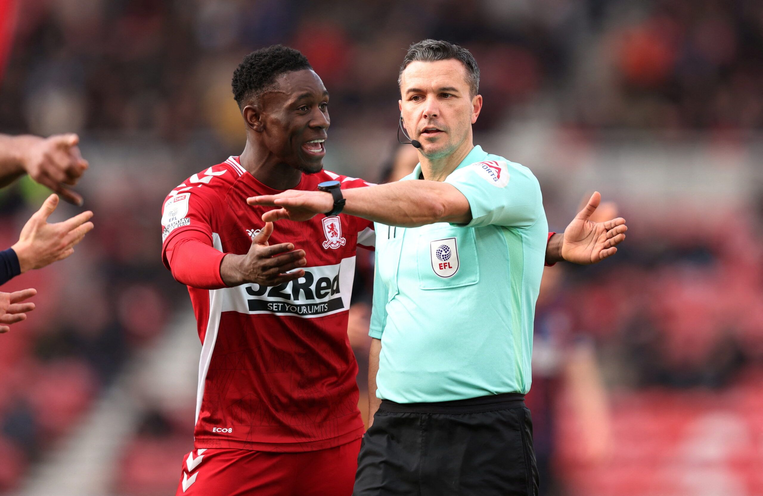 Soccer Football - Championship - Middlesbrough v Luton Town - Riverside Stadium, Middlesbrough, Britain - March 5, 2022  Middlesbrough's Folarin Balogun appeals to referee Jeremy Simpson  Action Images/John Clifton  EDITORIAL USE ONLY. No use with unauthorized audio, video, data, fixture lists, club/league logos or 