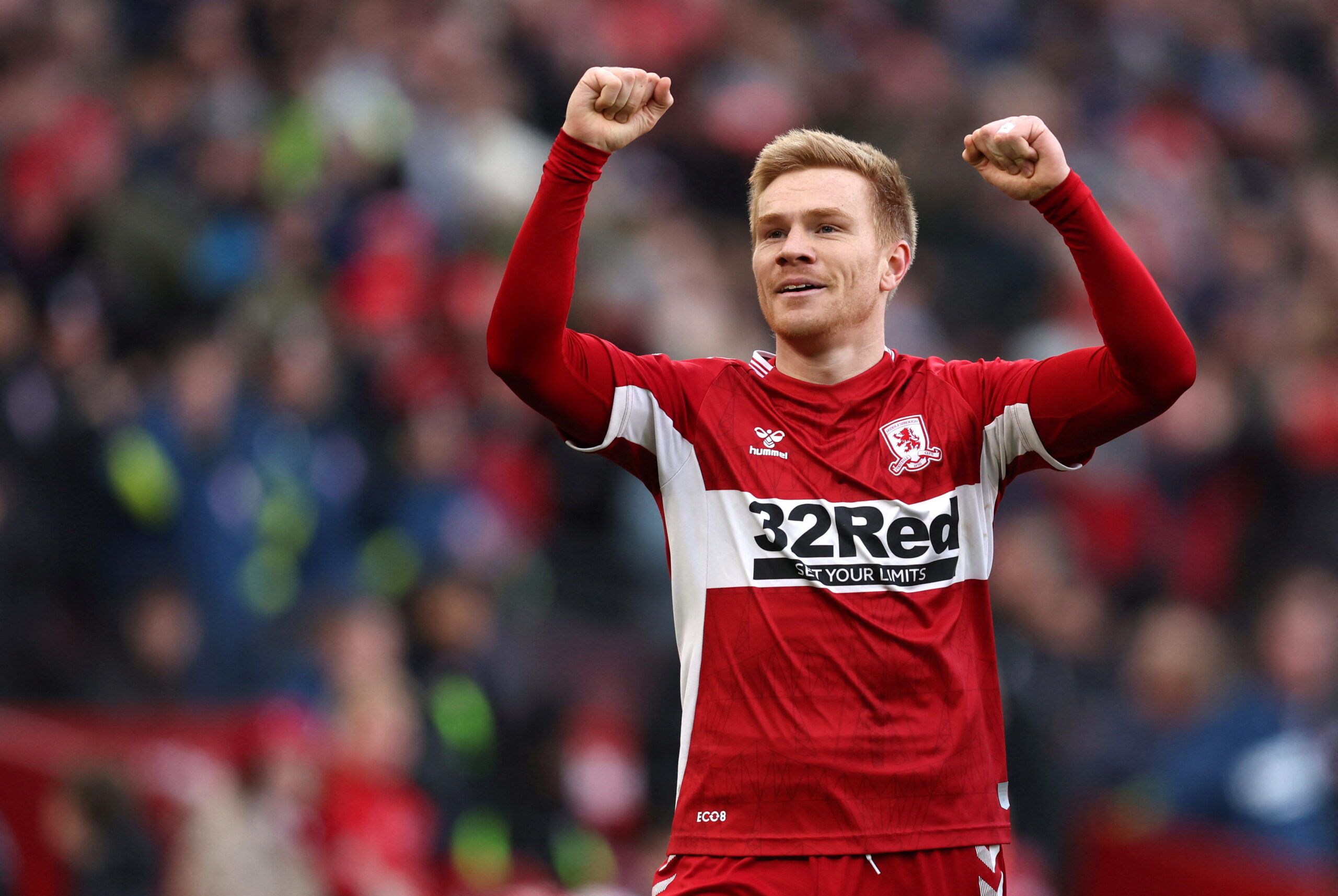 Soccer Football - Championship - Middlesbrough v Luton Town - Riverside Stadium, Middlesbrough, Britain - March 5, 2022  Middlesbrough's Duncan Watmore celebrates scoring their second goal  Action Images/John Clifton  EDITORIAL USE ONLY. No use with unauthorized audio, video, data, fixture lists, club/league logos or 