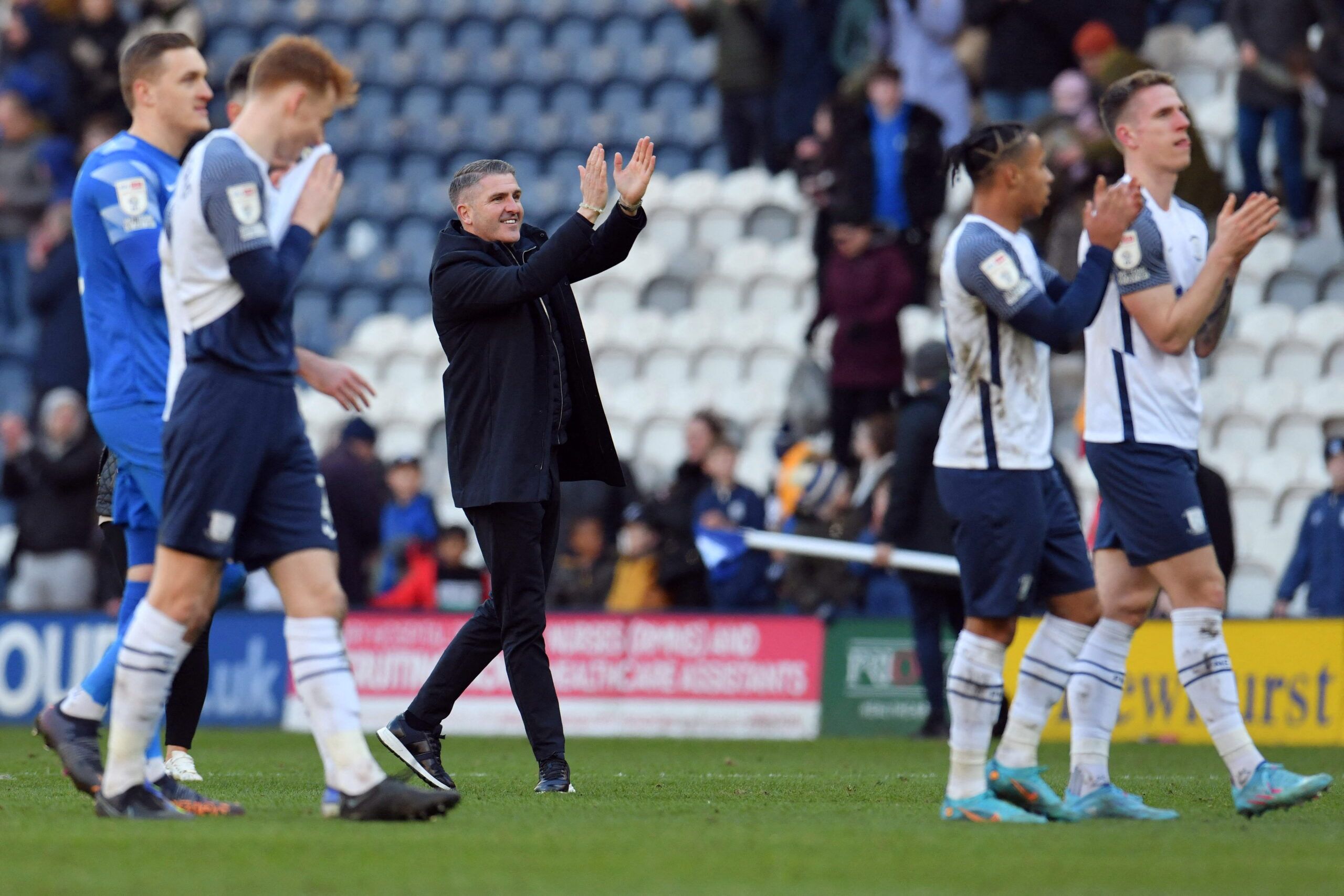 Soccer Football - Championship - Preston North End v AFC Bournemouth - Deepdale, Preston, Britain - March 5, 2022  Preston North End manager Ryan Lowe celebrates at full time  Action Images/Paul Burrows  EDITORIAL USE ONLY. No use with unauthorized audio, video, data, fixture lists, club/league logos or 