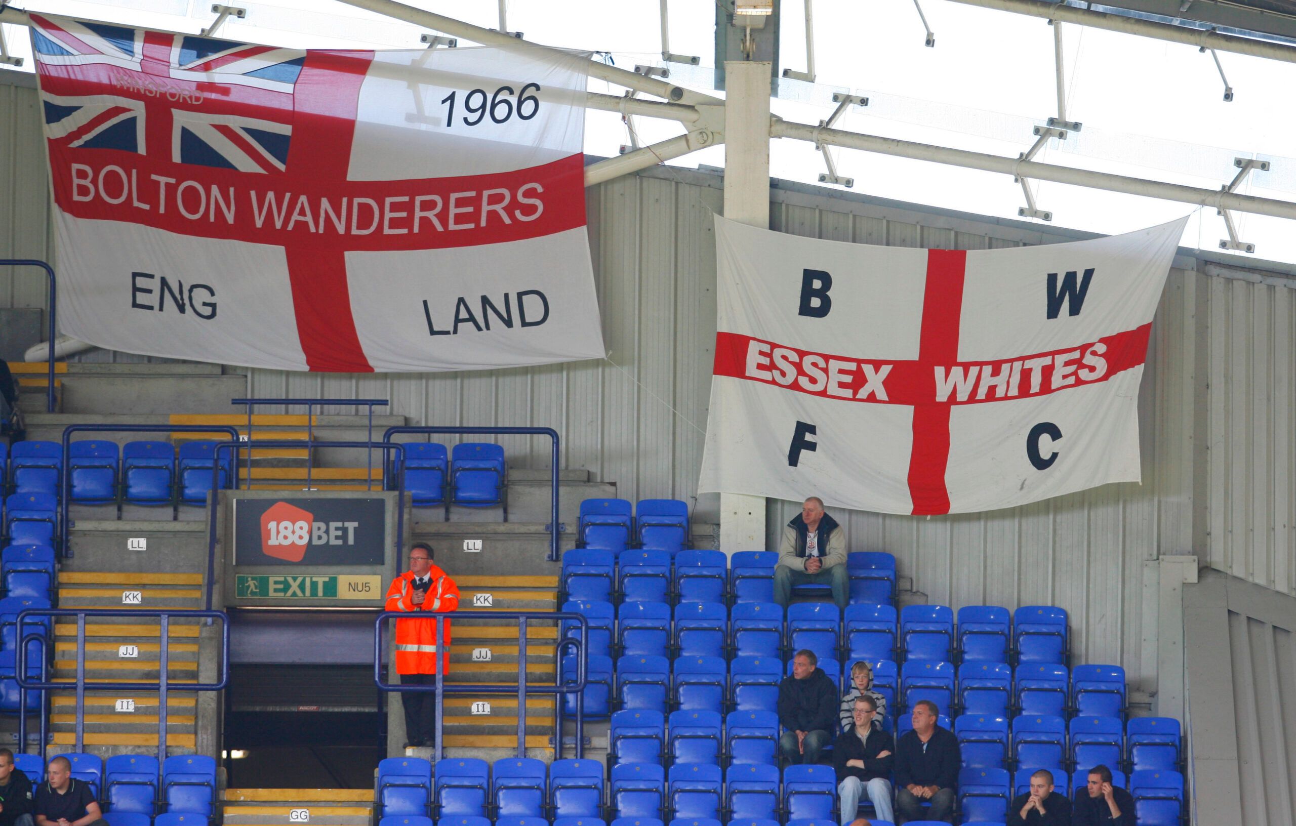 Football - Bolton Wanderers v Birmingham City - Barclays Premier League - The Reebok Stadium - 10/11 - 29/8/10 
General view of Bolton Wanderers banners and flags in stand 
Mandatory Credit: Action Images / Paul Thomas 
NO ONLINE/INTERNET USE WITHOUT A LICENCE FROM THE FOOTBALL DATA CO LTD. FOR LICENCE ENQUIRIES PLEASE TELEPHONE +44 (0) 207 864 9000.