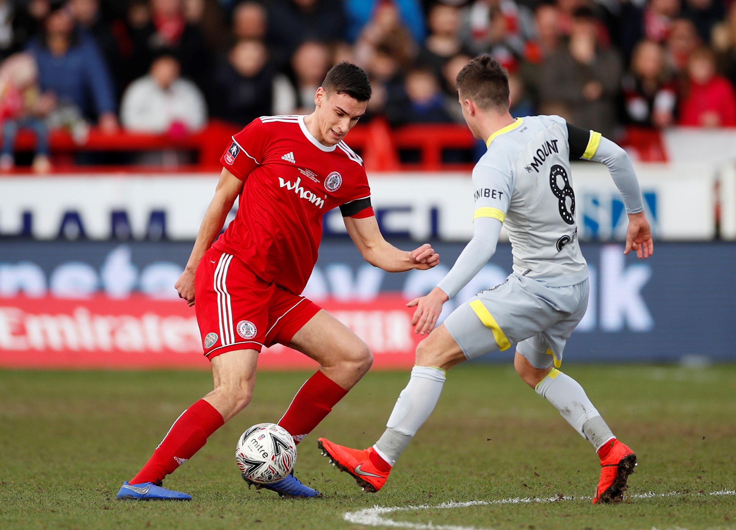 Soccer Football - FA Cup Fourth Round - Accrington Stanley v Derby County - Wham Stadium, Accrington, Britain - January 26, 2019   Accrington Stanley's Ross Sykes in action with Derby County's Mason Mount        Action Images/Andrew Boyers