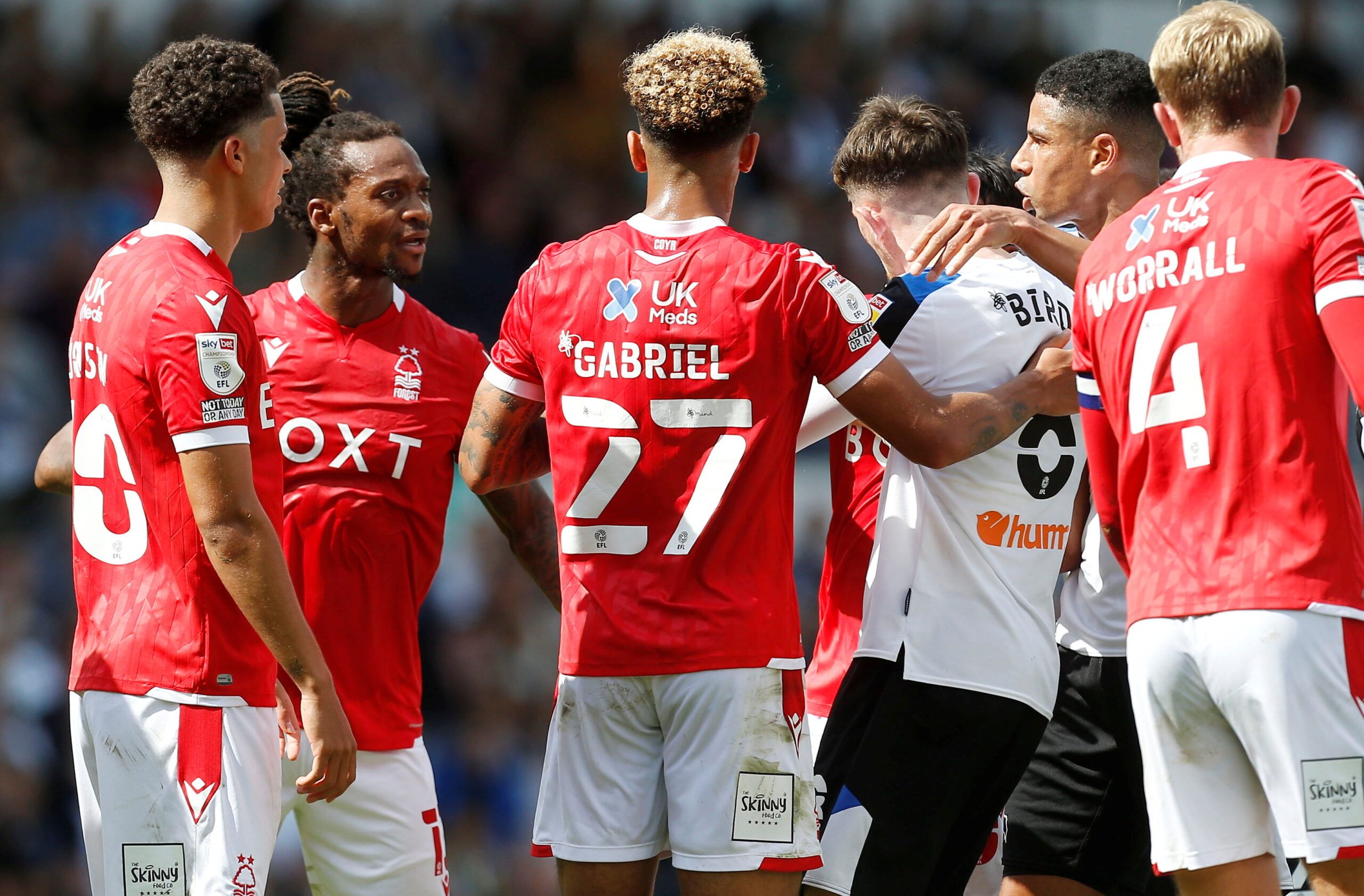 Soccer Football - Championship - Derby County v Nottingham Forest - Pride Park, Derby, Britain - August 28, 2021  Derby County and Nottingham Forest players clash   Action Images/Craig Brough