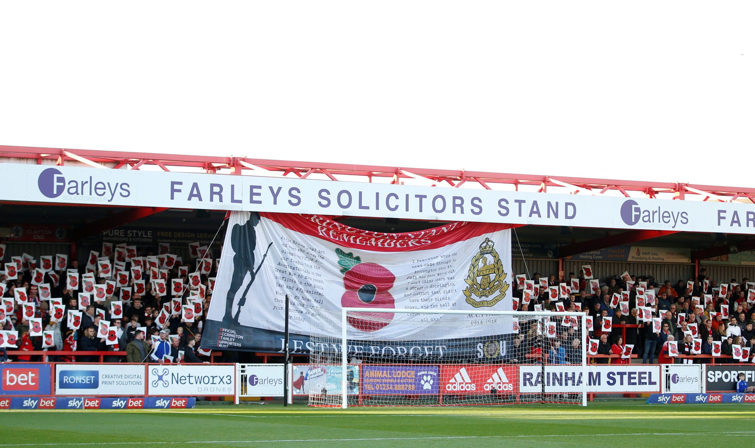 Soccer Football - League One - Accrington Stanley v Plymouth Argyle - Wham Stadium, Accrington, Britain - November 13, 2021 General view as fans display banners as part of remembrance commemorations before the match Action Images/Ed Sykes