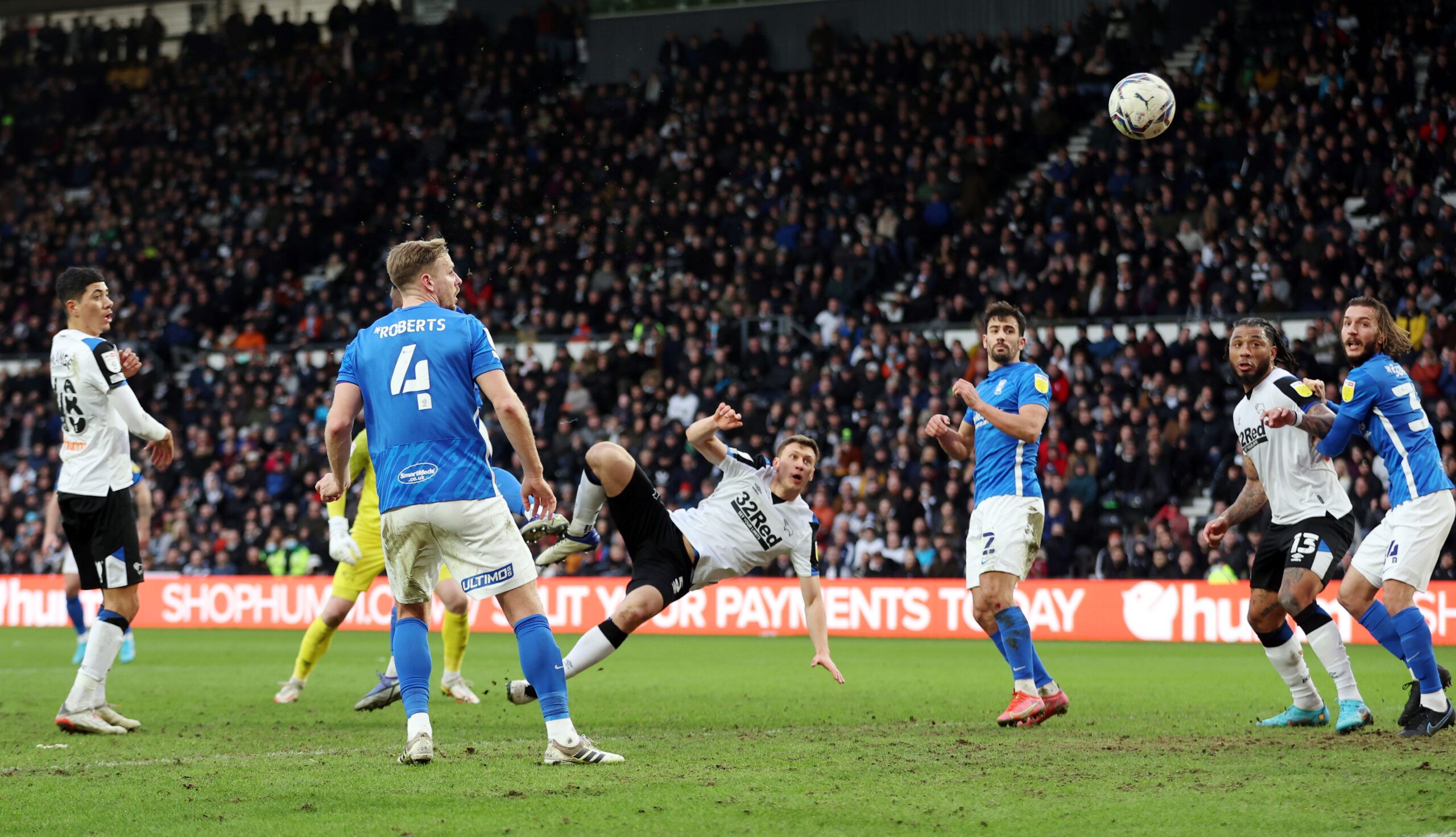 Soccer Football - Championship - Derby County v Birmingham City - Pride Park, Derby, Britain - January 30, 2022 Derby County's Krystian Bielik scoring the equalising goal Action Images/Carl Recine EDITORIAL USE ONLY. No use with unauthorized audio, video, data, fixture lists, club/league logos or 'live' services. Online in-match use limited to 75 images, no video emulation. No use in betting, games or single club /league/player publications.  Please contact your account representative for furthe