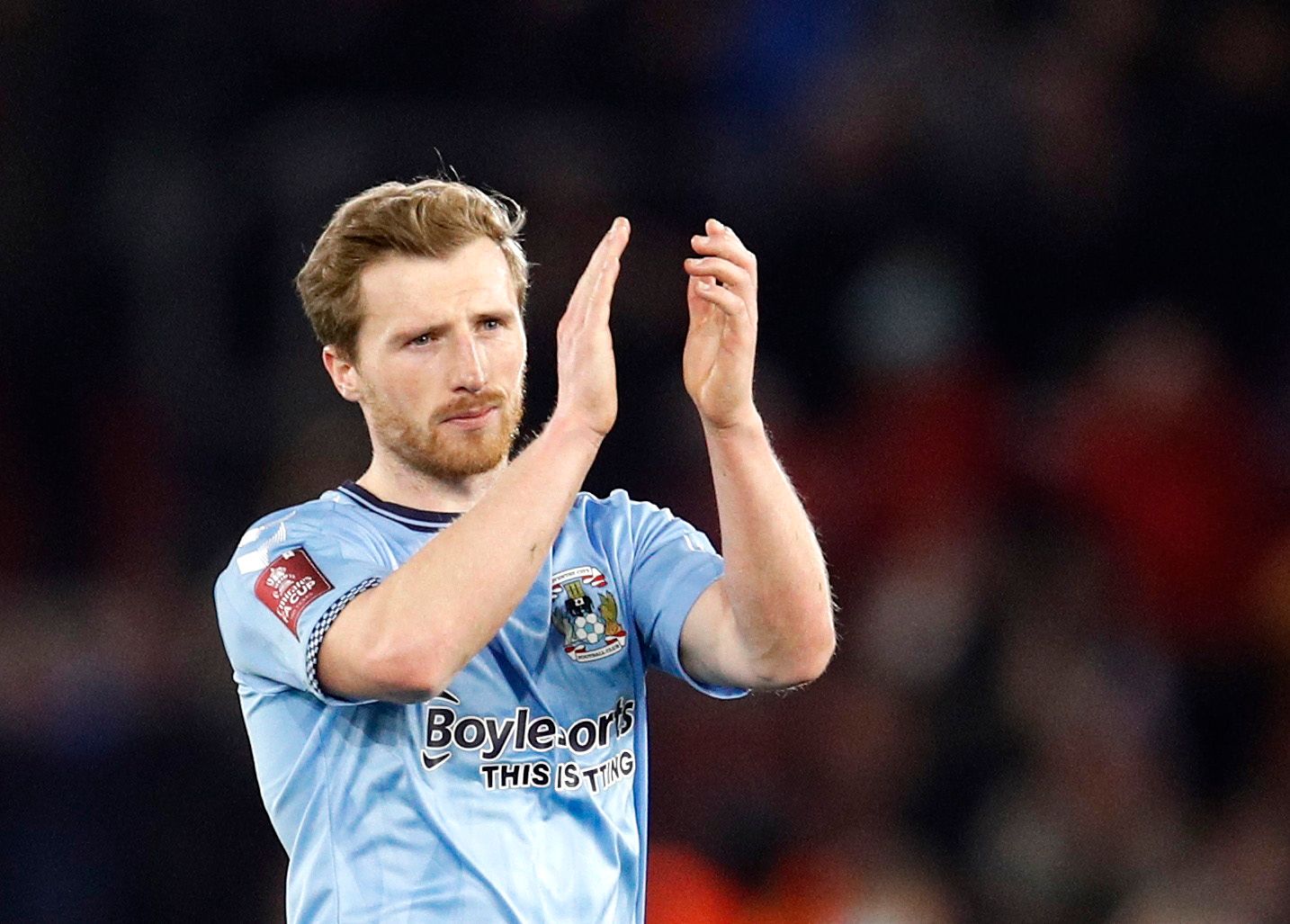 Soccer Football - FA Cup - Fourth Round - Southampton v Coventry City - St Mary's Stadium, Southampton, Britain - February 5, 2022 Coventry City's Jamie Allen applauds fans after the match REUTERS/Peter Nicholls