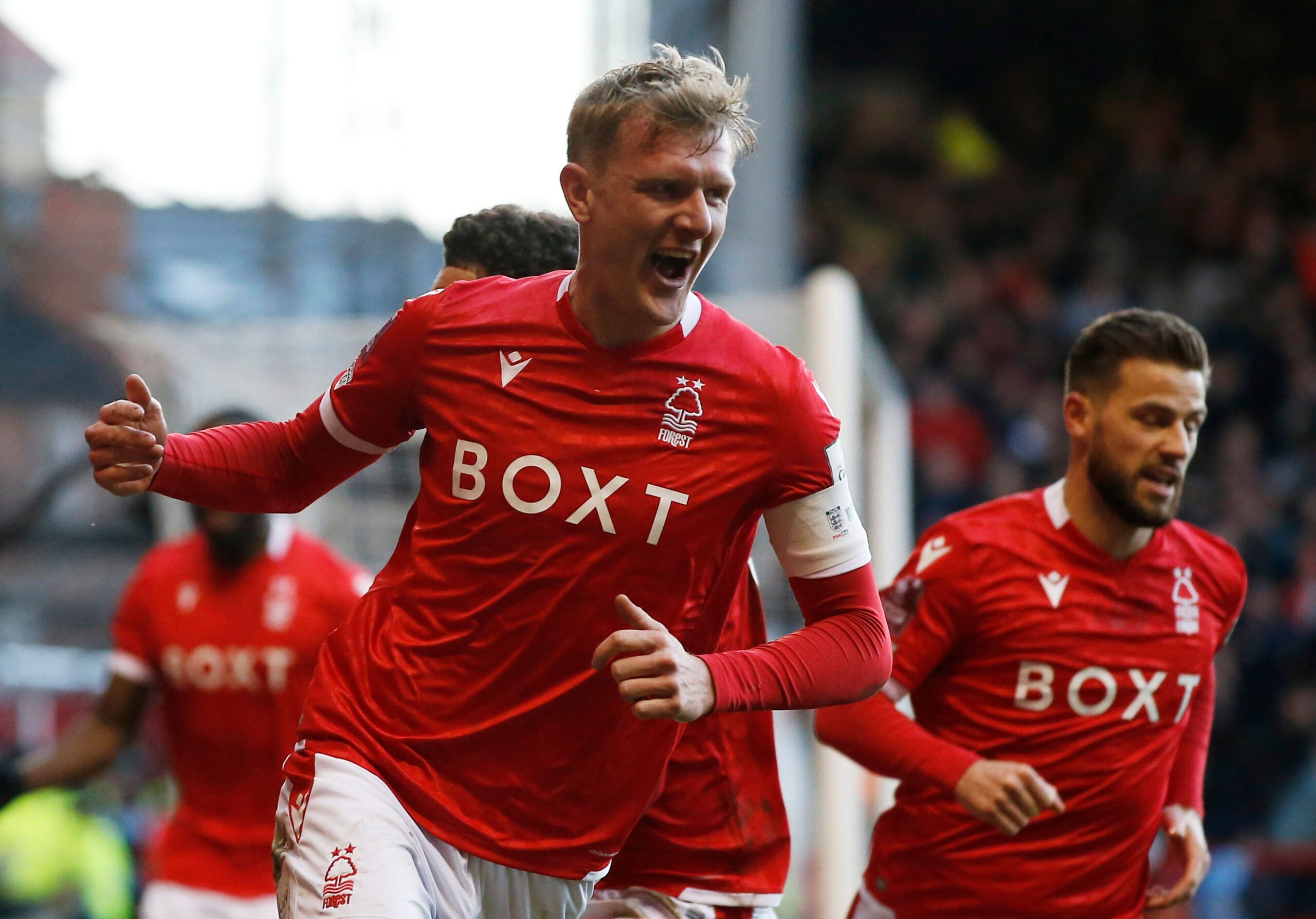 Soccer Football - FA Cup - Fourth Round - Nottingham Forest v Leicester City - The City Ground, Nottingham, Britain - February 6, 2022 Nottingham Forest's Joe Worrall celebrates scoring their third goal REUTERS/Craig Brough