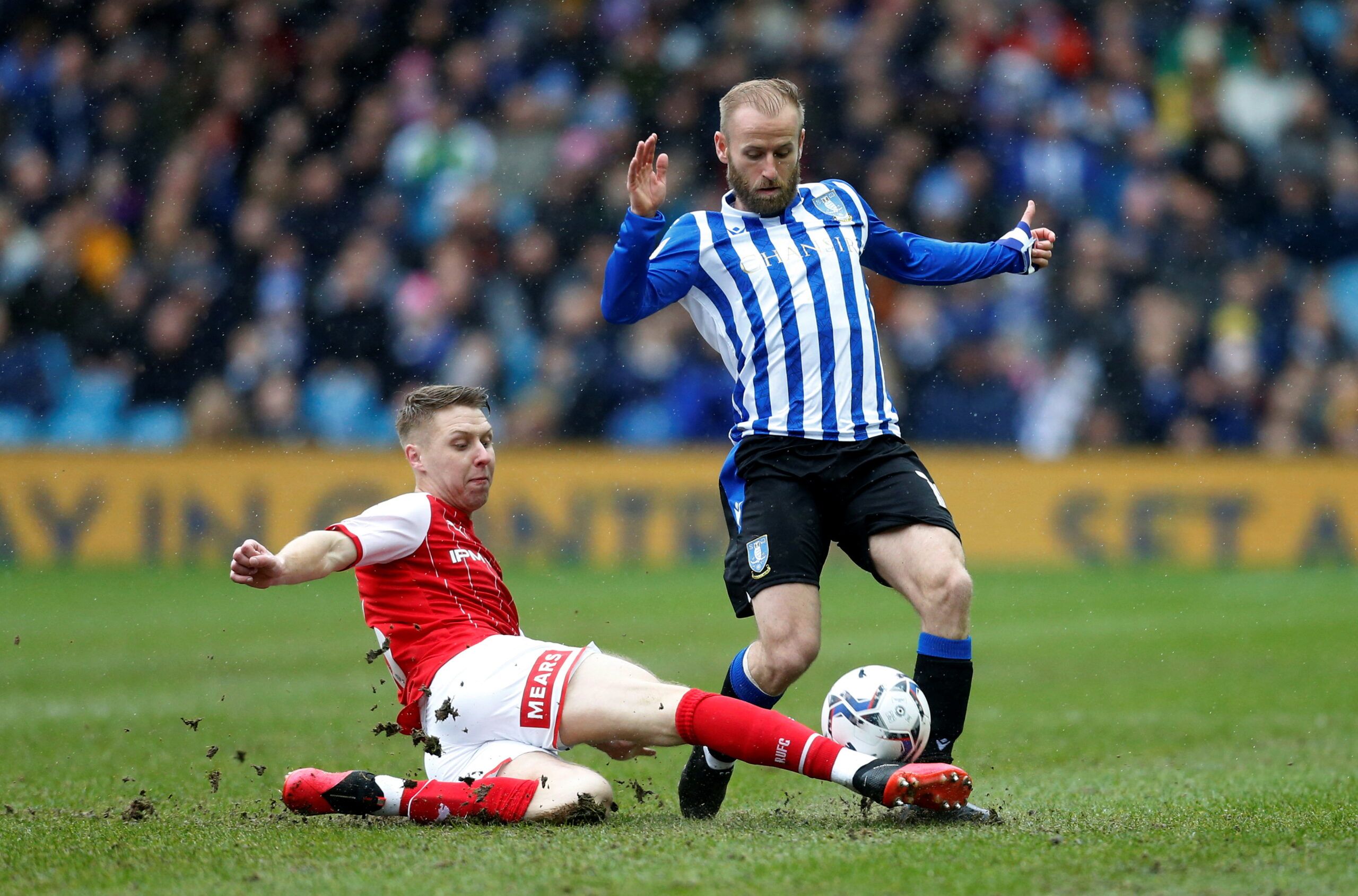 Soccer Football - League One - Sheffield Wednesday v Rotherham United - Hillsborough Stadium, Sheffield, Britain - February 13, 2022  Rotherham United's Jamie Lindsay in action with Sheffield Wednesday's Barry Bannan  Action Images/Ed Sykes  EDITORIAL USE ONLY. No use with unauthorized audio, video, data, fixture lists, club/league logos or 