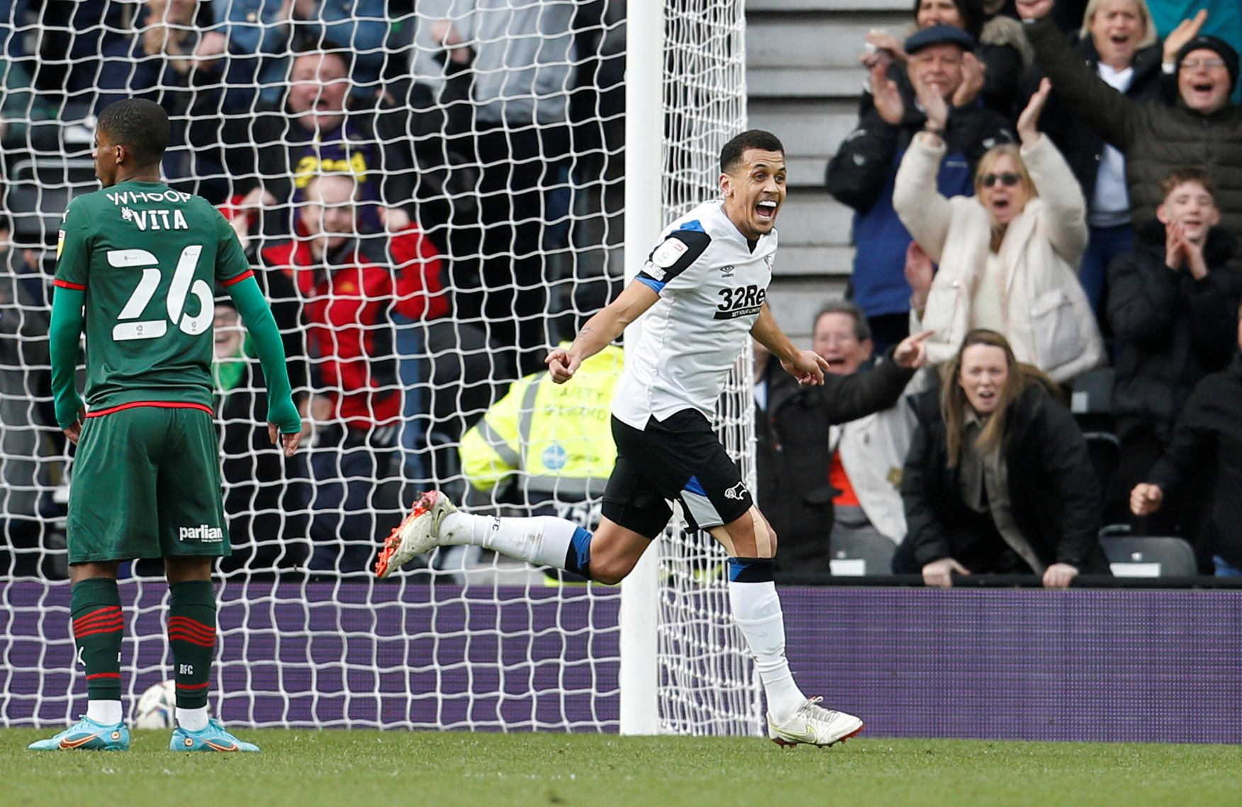 Soccer Football - Championship - Derby County v Barnsley - Pride Park, Derby, Britain - March 5, 2022 Derby County's Ravel Morrison celebrates scoring their first goal  Action Images/Ed Sykes  EDITORIAL USE ONLY. No use with unauthorized audio, video, data, fixture lists, club/league logos or 