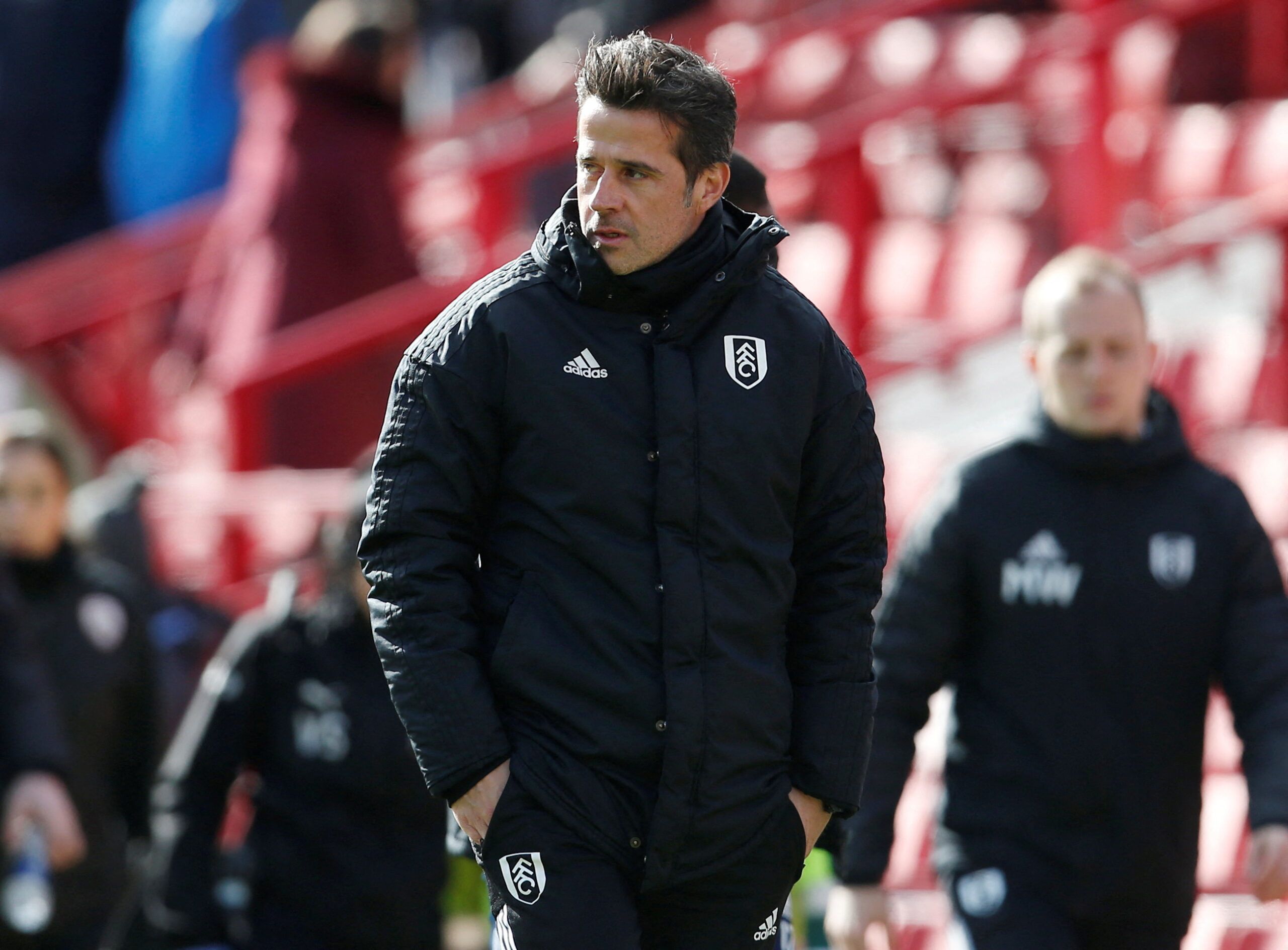 Soccer Football - Championship - Barnsley v Fulham - Oakwell, Barnsley, Britain - March 12, 2022   Fulham manager Marco Silva leaves the pitch at half time  Action Images/Ed Sykes  EDITORIAL USE ONLY. No use with unauthorized audio, video, data, fixture lists, club/league logos or 