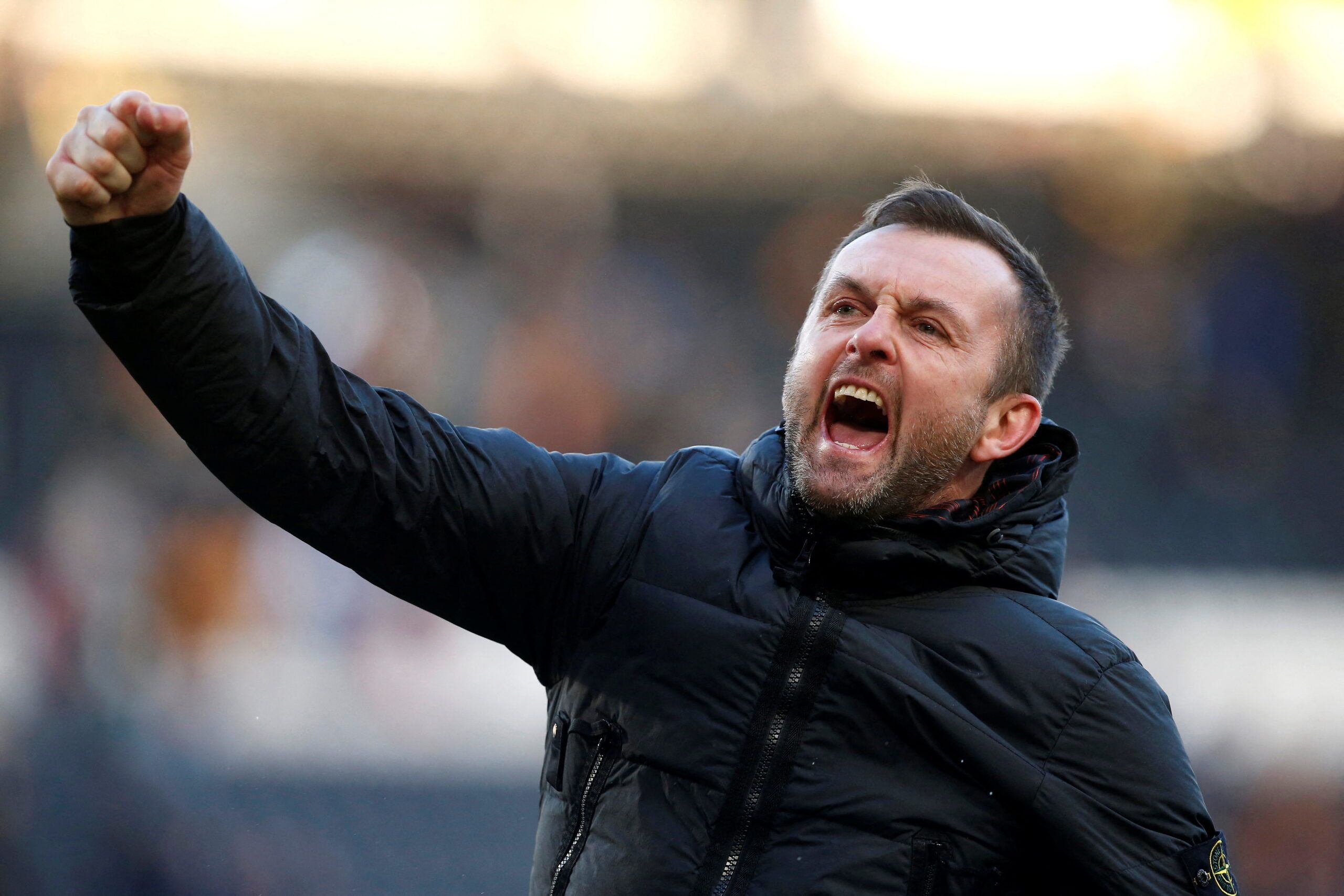 Soccer Football - Championship - Hull City v Luton Town - MKM Stadium, Hull, Britain - March 19, 2022 Luton Town manager Nathan Jones celebrates after the match Action Images/Craig Brough  EDITORIAL USE ONLY. No use with unauthorized audio, video, data, fixture lists, club/league logos or 