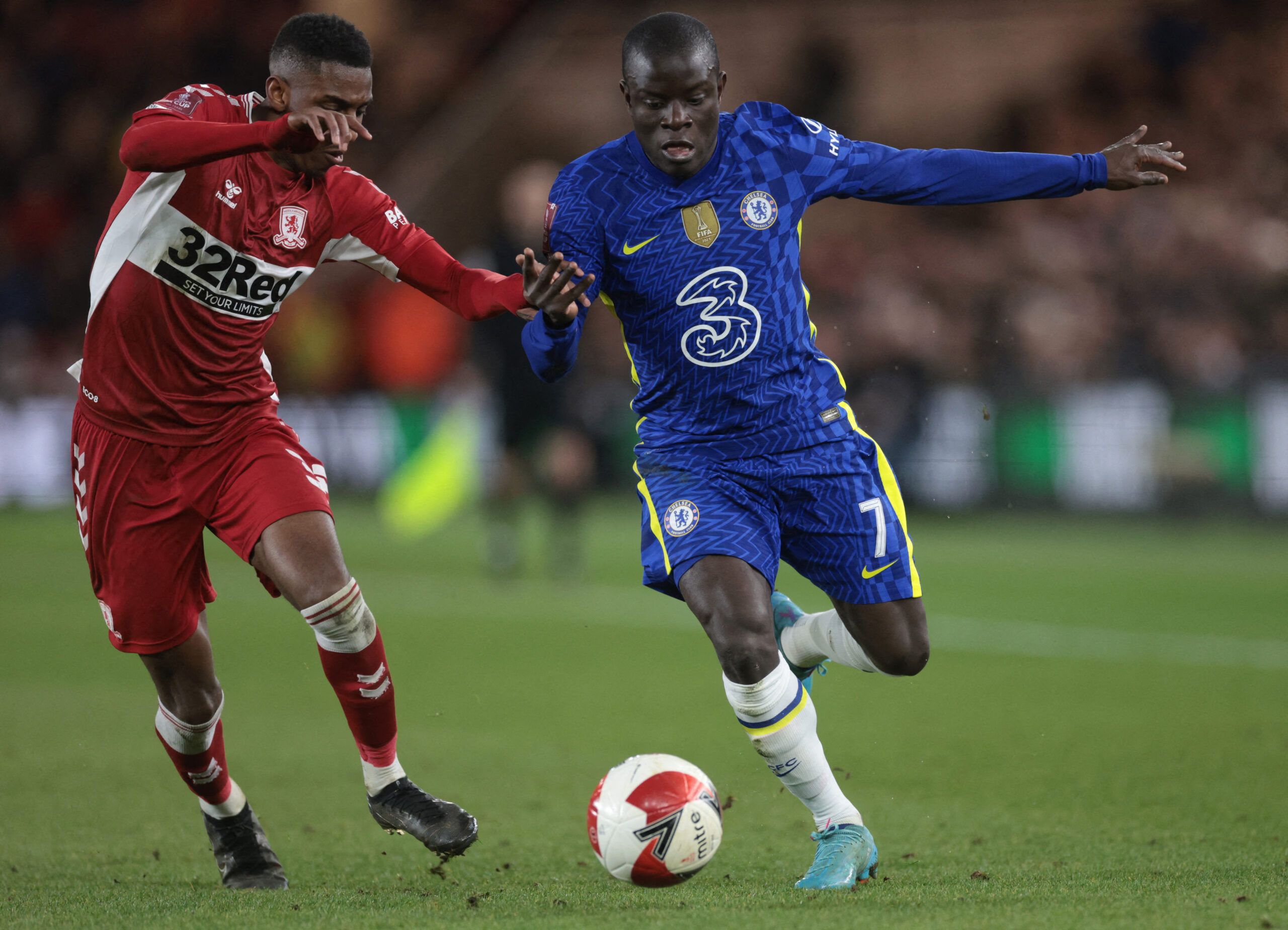 Soccer Football - FA Cup Quarter Final - Middlesbrough v Chelsea - Riverside Stadium, Middlesbrough, Britain - March 19, 2022  Chelsea's N'Golo Kante in action with Middlesbrough's Isaiah Jones Action Images via Reuters/Lee Smith
