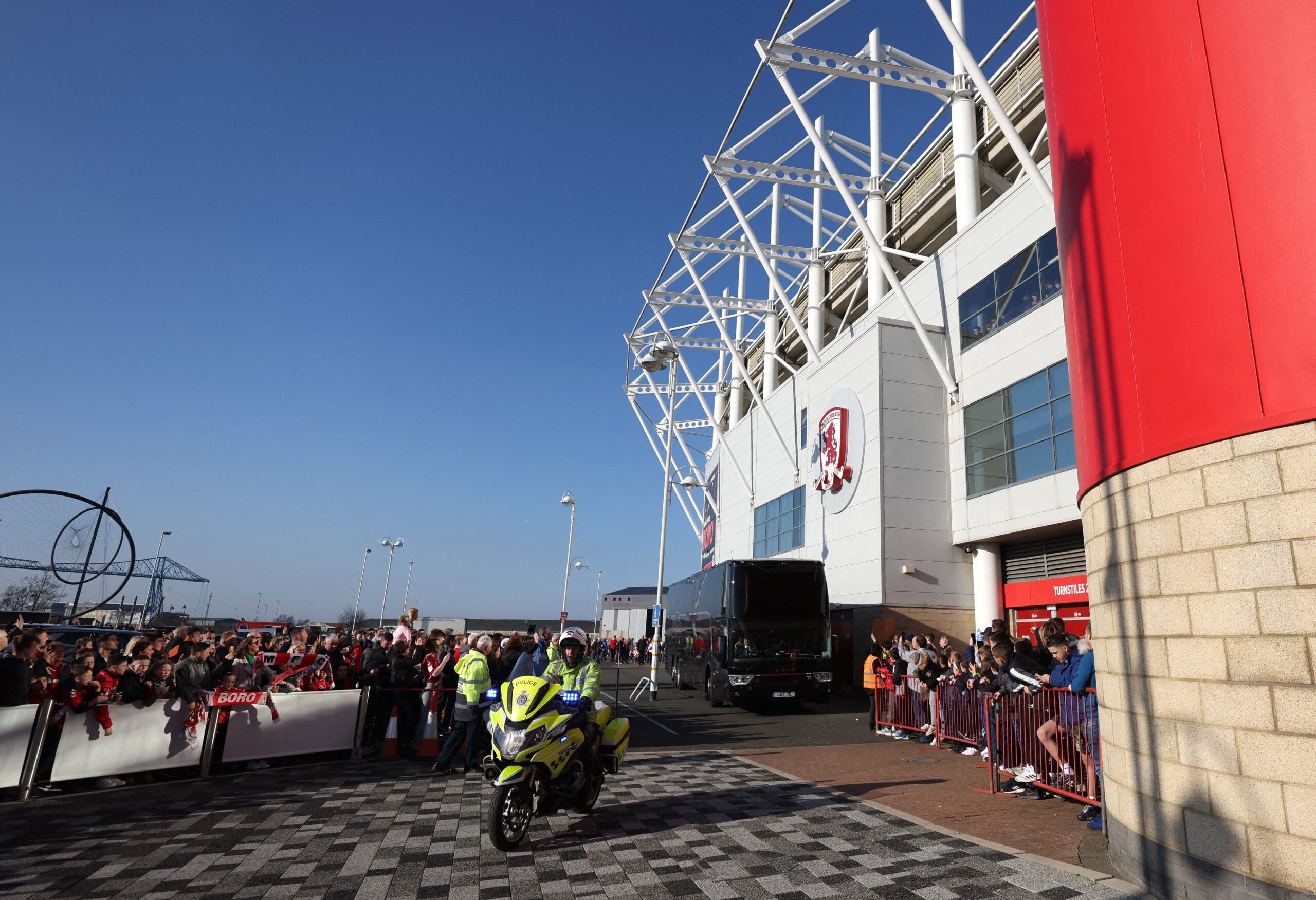 Soccer Football - FA Cup Quarter Final - Middlesbrough v Chelsea - Riverside Stadium, Middlesbrough, Britain - March 19, 2022  General view as the Chelsea team bus arrives at the stadium before the match Action Images via Reuters/Lee Smith