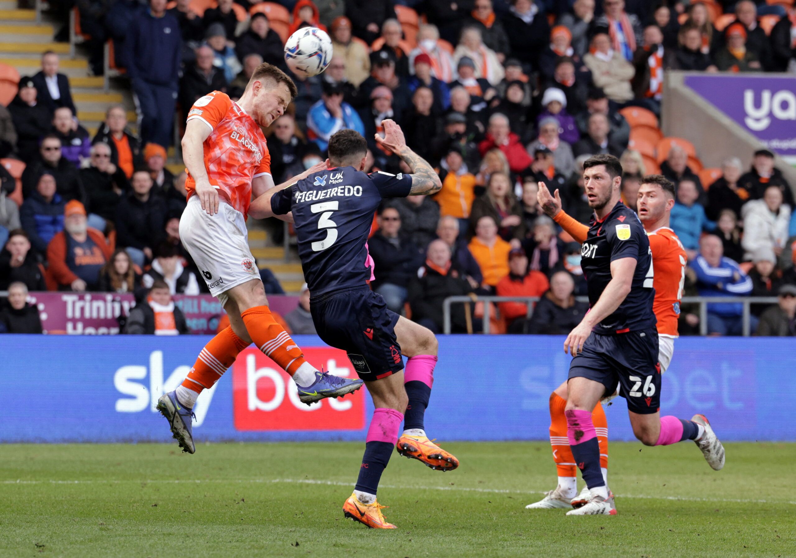 Soccer Football - Championship - Blackpool v Nottingham Forest - Bloomfield Road, Blackpool, Britain - April 2, 2022 Blackpool's Jordan Thorniley in action with Nottingham Forest's Tobias Figueiredo   Action Images/John Clifton  EDITORIAL USE ONLY. No use with unauthorized audio, video, data, fixture lists, club/league logos or 