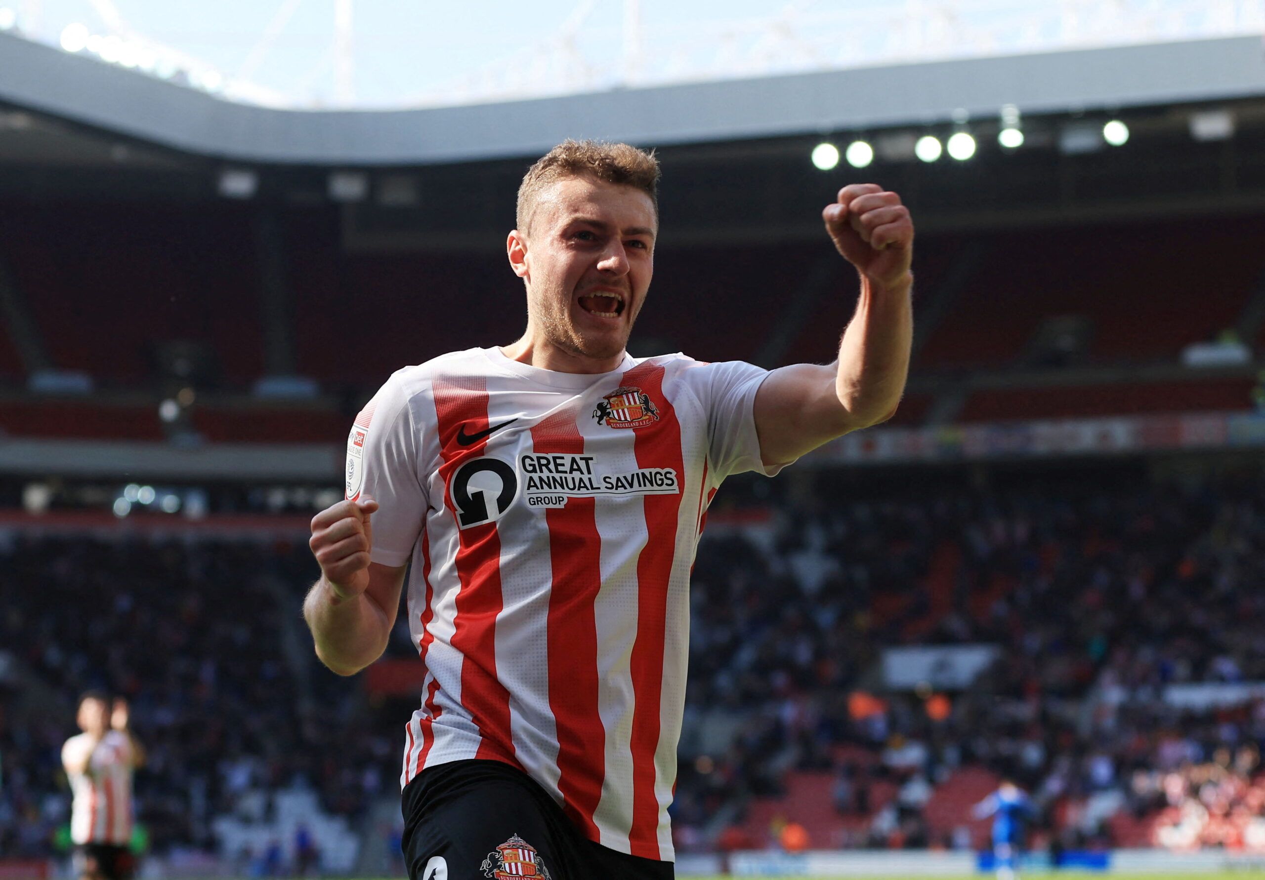 Soccer Football - League One - Sunderland v Cambridge United - Stadium of Light, Sunderland, Britain - April 23, 2022 Sunderland?s Elliott Embleton celebrates scoring their second goal  Action Images/Lee Smith  EDITORIAL USE ONLY. No use with unauthorized audio, video, data, fixture lists, club/league logos or 