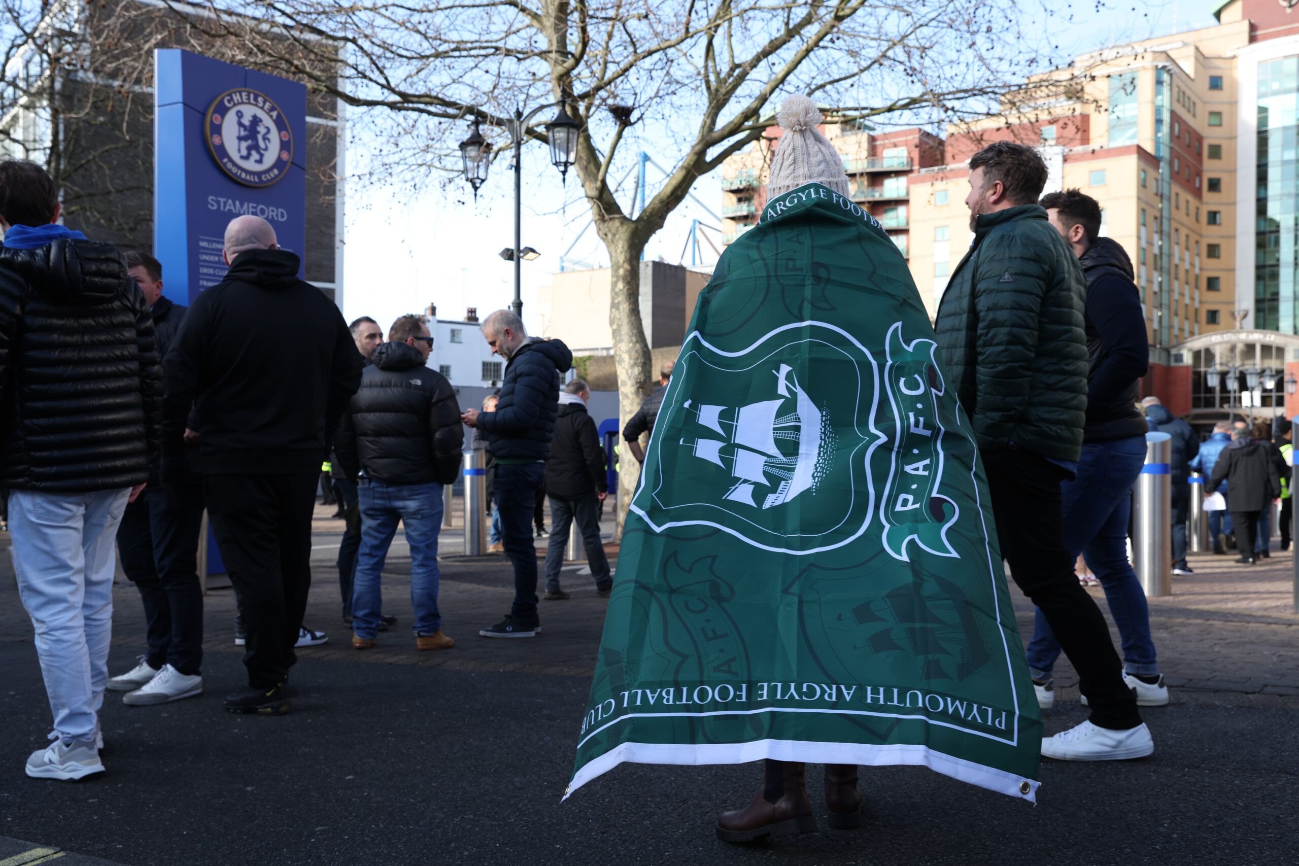 Soccer Football - FA Cup - Fourth Round - Chelsea v Plymouth Argyle - Stamford Bridge, London, Britain - February 5, 2022 Plymouth Argyle fans outside the stadium before the match Action Images via Reuters/Paul Childs