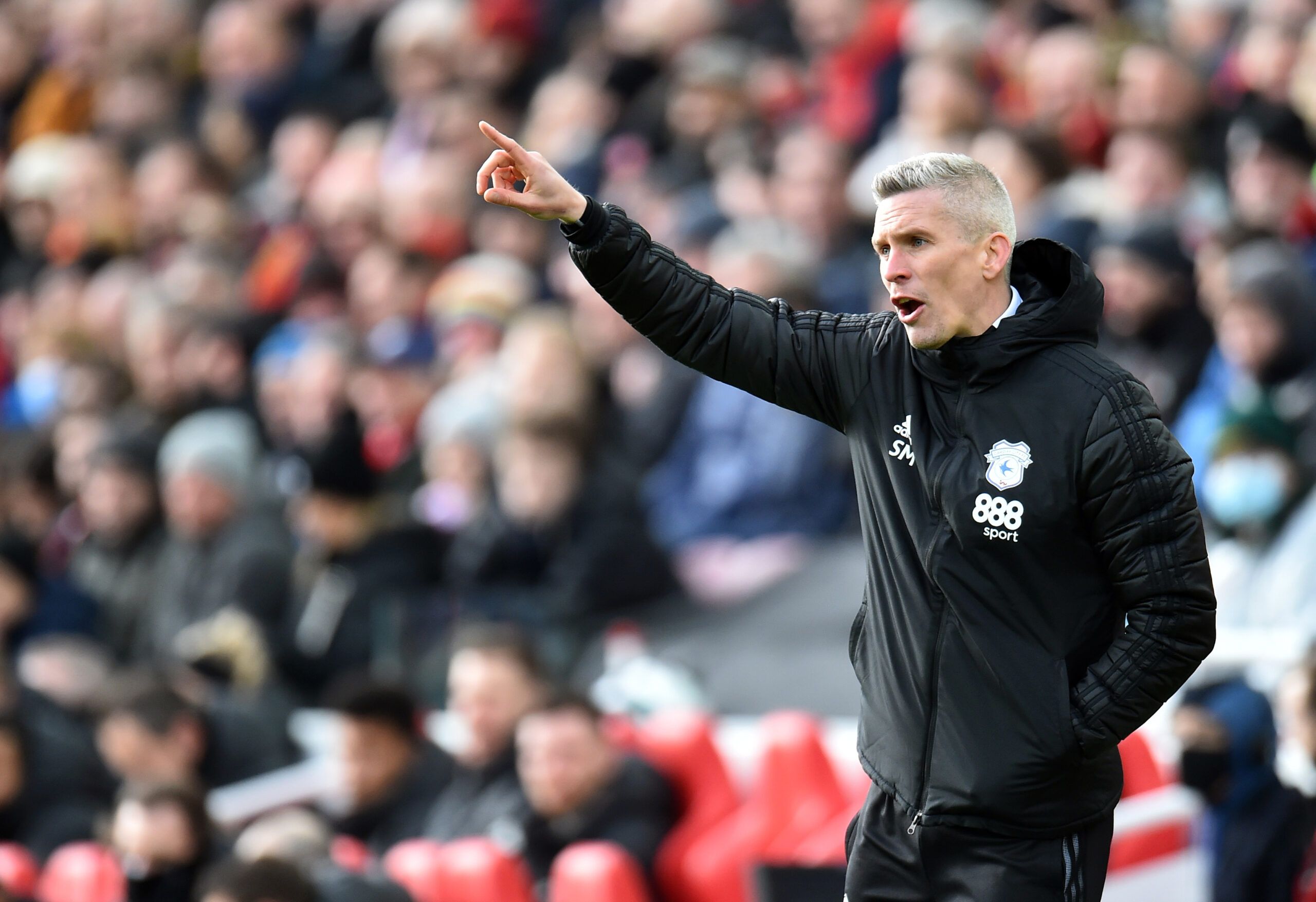 Soccer Football -  FA Cup - Fourth Round - Liverpool v Cardiff City - Anfield, Liverpool, Britain - February 6, 2022 Cardiff City manager Steve Morison reacts REUTERS/Peter Powell