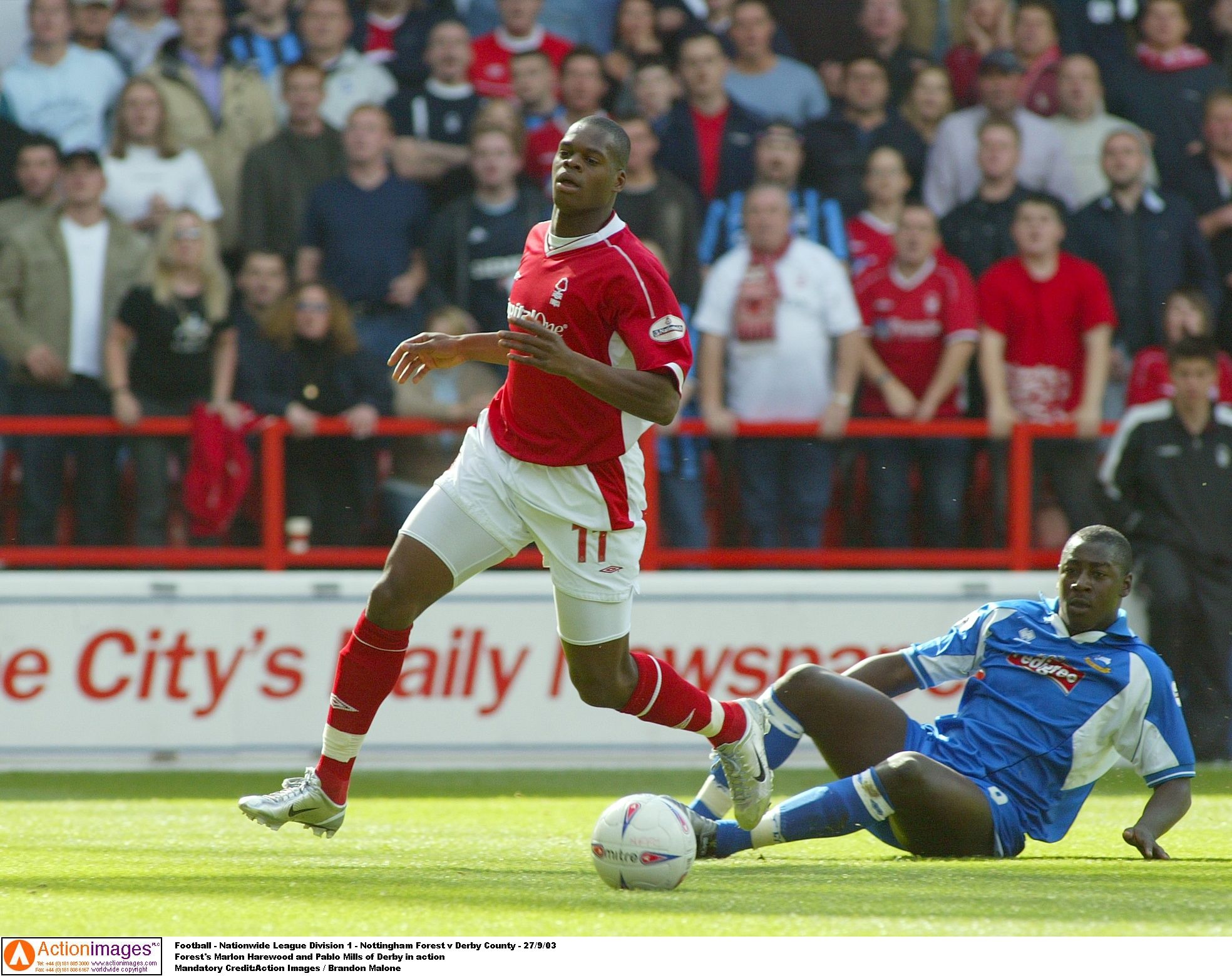 Football - Nationwide League Division 1 - Nottingham Forest v Derby County - 27/9/03 
Forest's Marlon Harewood and Pablo Mills of Derby in action  
Mandatory Credit:Action Images / Brandon Malone