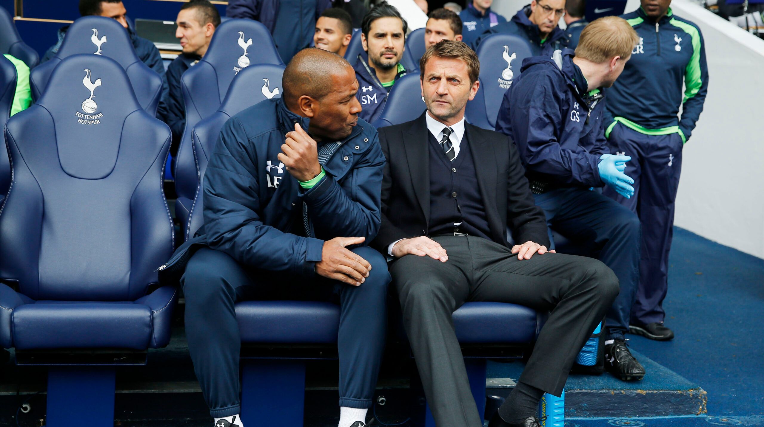 Football - Tottenham Hotspur v Aston Villa - Barclays Premier League - White Hart Lane - 11/5/14 
Tottenham manager Tim Sherwood (R) and coach Les Ferdinand  
Mandatory Credit: Action Images / Andrew Couldridge 
Livepic 
EDITORIAL USE ONLY. No use with unauthorized audio, video, data, fixture lists, club/league logos or 