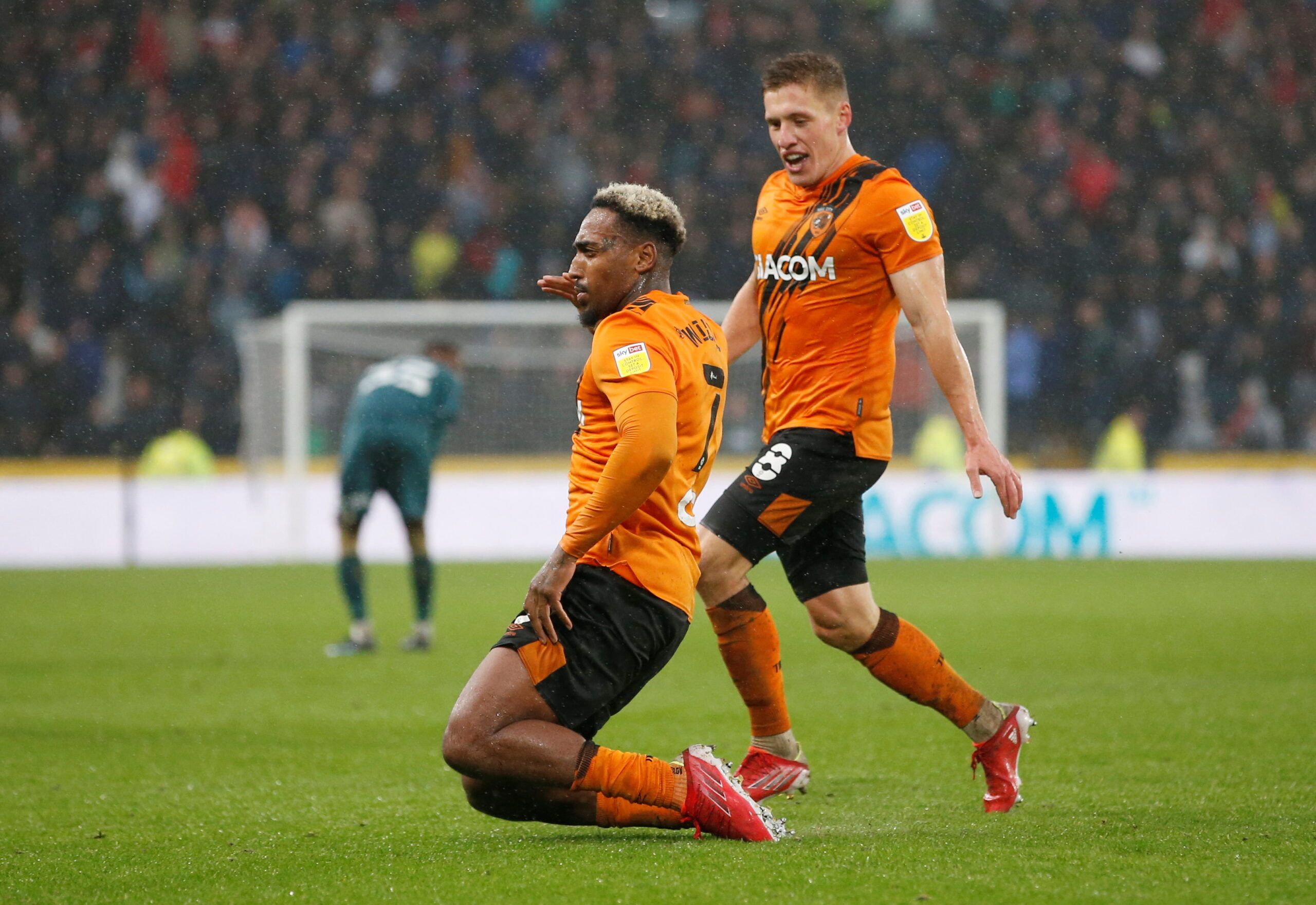 Soccer Football - Championship - Hull City v Middlesbrough - KCOM Stadium, Hull, Britain - October 2, 2021  Hull City's Mallik Wilks celebrates scoring their second goal  Action Images/Ed Sykes  EDITORIAL USE ONLY. No use with unauthorized audio, video, data, fixture lists, club/league logos or 