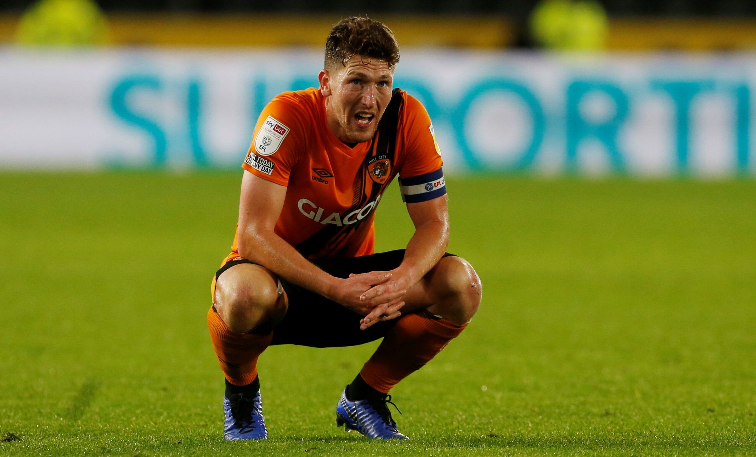 Soccer Football - Championship - Hull City v Peterborough United - KCOM Stadium, Hull, Britain - October 20, 2021  Hull City's Lewis Coyle looks dejected   Action Images/Craig Brough  EDITORIAL USE ONLY. No use with unauthorized audio, video, data, fixture lists, club/league logos or 