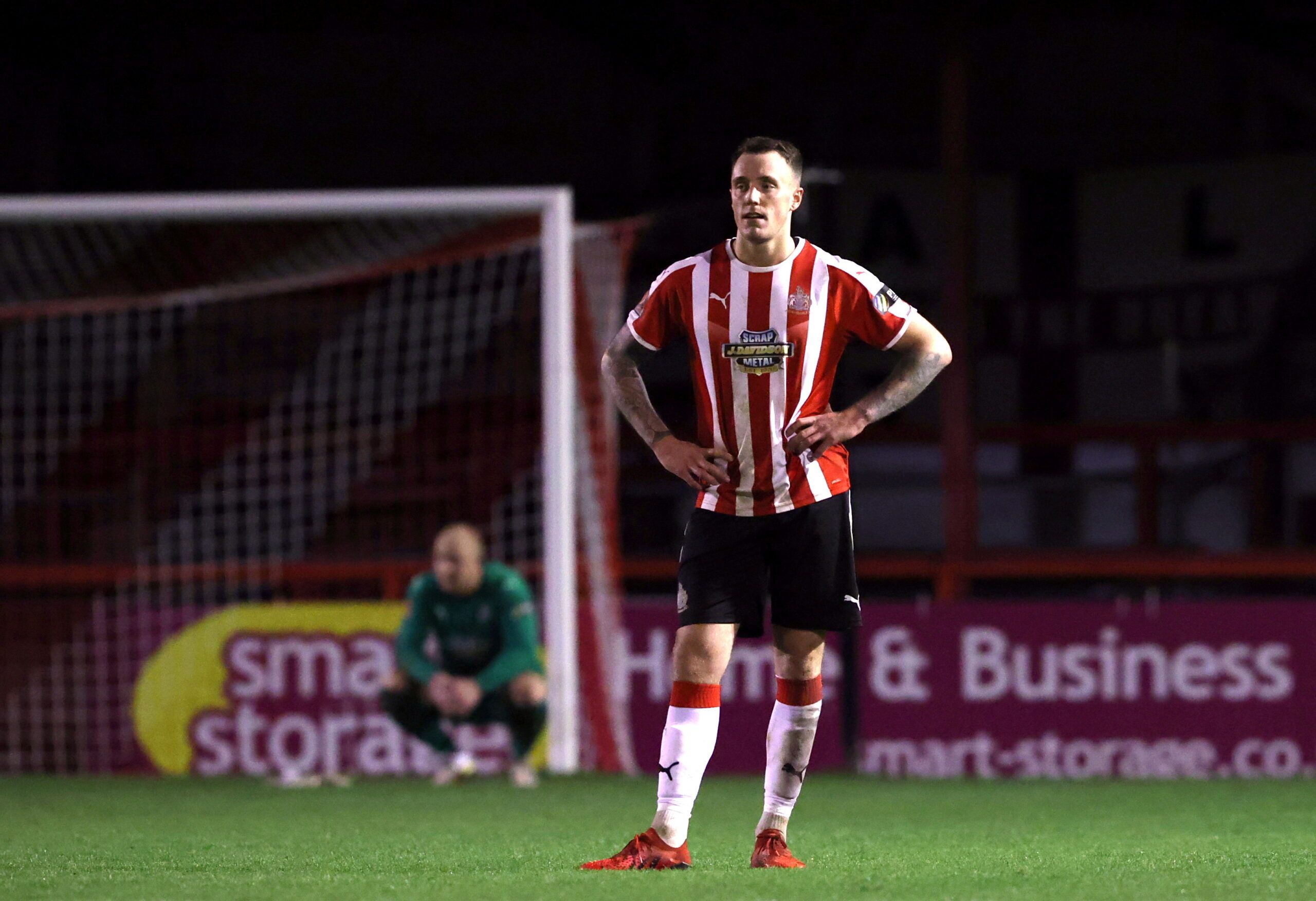 Soccer Football - FA Cup - FA Cup First Round Replay - Altrincham v Gateshead - Moss Lane, Altrincham, Britain - November 16, 2021 Altrincham's Toby Mullarkey reacts after the match Action Images/Molly Darlington