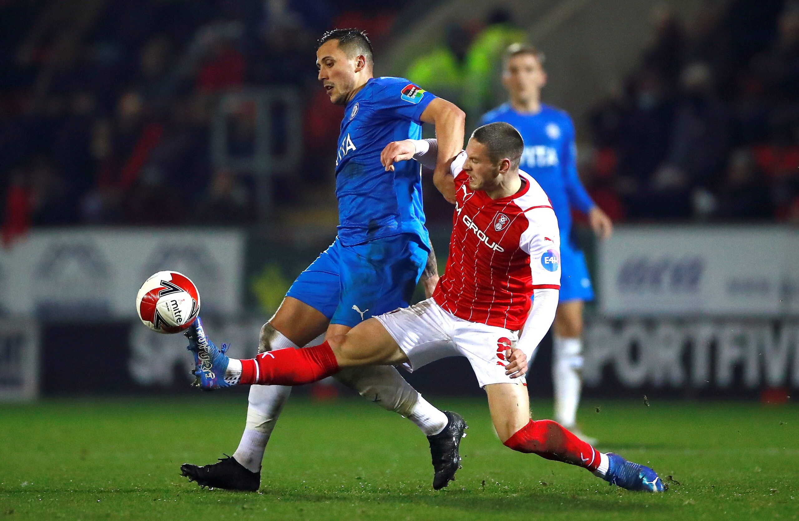 Soccer Football - FA Cup Second Round - Rotherham United v Stockport County - AESSEAL New York Stadium, Rotherham, Britain - December 3, 2021 Stockport County's Antoni Sarcevic in action with Rotherham United's Ben Wiles Action Images/Jason Cairnduff