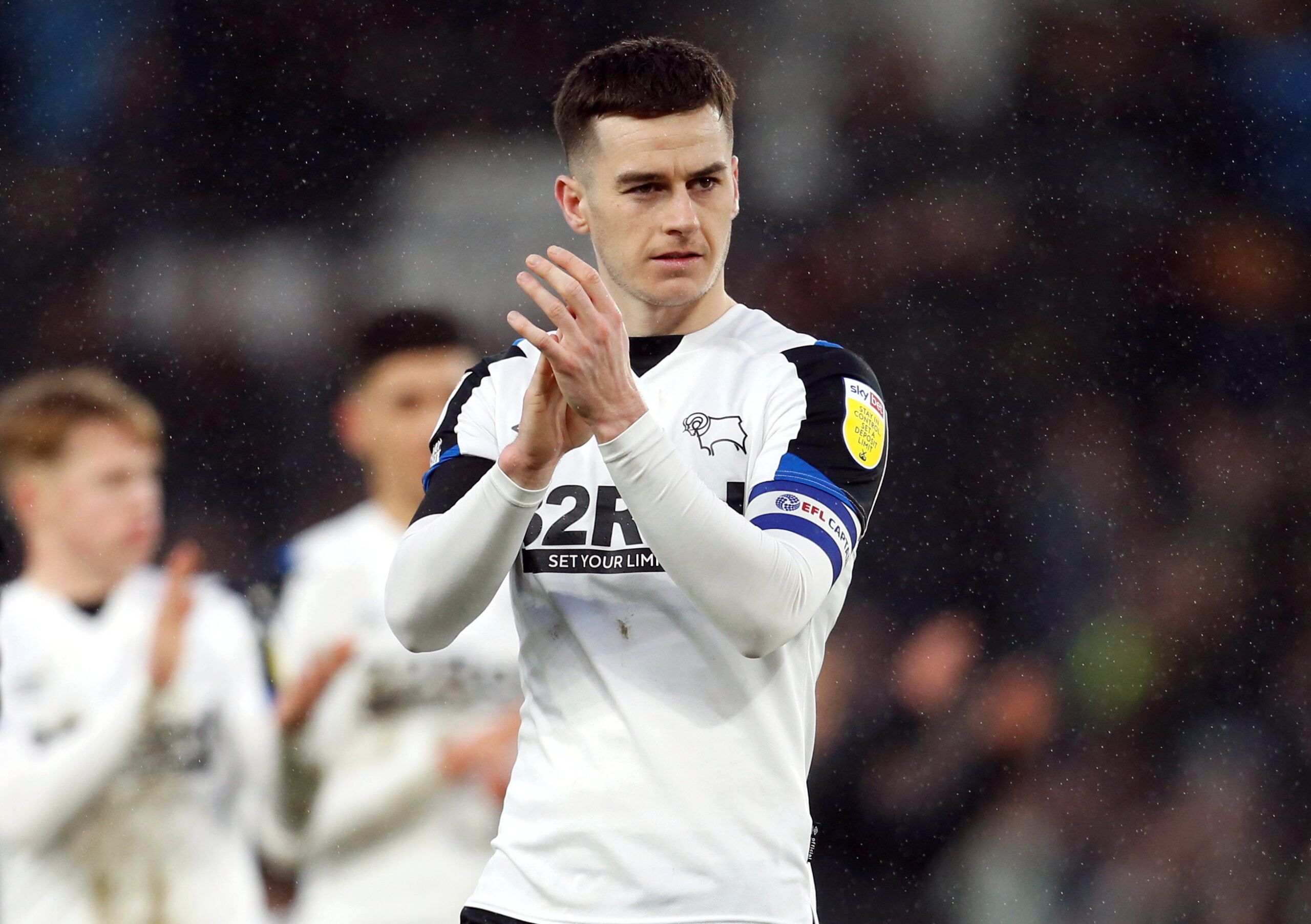 Soccer Football - Championship - Derby County v Barnsley - Pride Park, Derby, Britain - March 5, 2022  Derby County's Tom Lawrence applauds the fans after the match  Action Images/Ed Sykes  EDITORIAL USE ONLY. No use with unauthorized audio, video, data, fixture lists, club/league logos or 