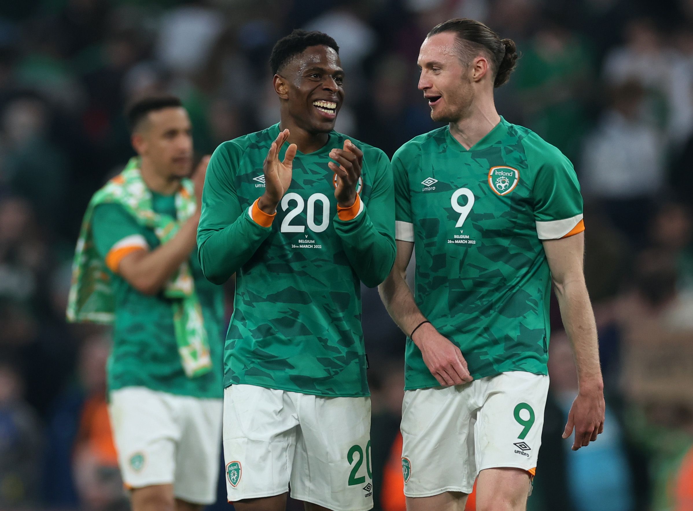 Soccer Football - International Friendly - Republic of Ireland v Belgium - Aviva Stadium, Dublin, Republic of Ireland - March 26, 2022 Republic of Ireland's Chiedozie Ogbene celebrates with Will Keane after the match Action Images via Reuters/Paul Childs