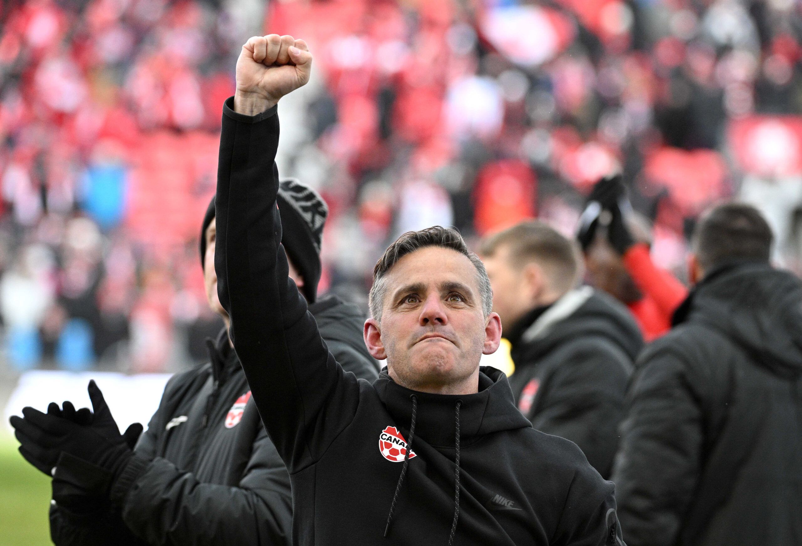 Mar 27, 2022; Toronto, Ontario, CAN;   Canada coach John Herdman reacts to fans after a win over Jamaica at BMO Field clinched qualification to the 2022 FIFA World Cup. Mandatory Credit: Dan Hamilton-USA TODAY Sports