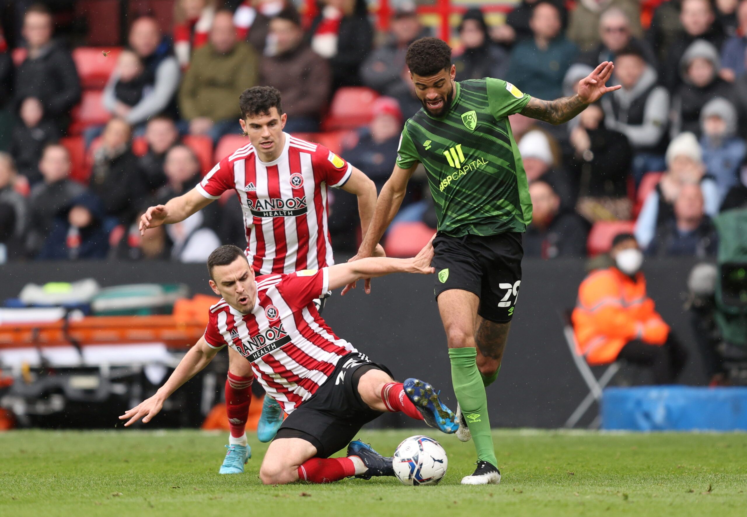 Soccer Football - Championship - Sheffield United v AFC Bournemouth, Bramall Lane, Sheffield, Britain - April 9, 2022 AFC Bournemouth's Philip Billing in action with Sheffield United's Filip Uremovic  Action Images/John Clifton  EDITORIAL USE ONLY. No use with unauthorized audio, video, data, fixture lists, club/league logos or 