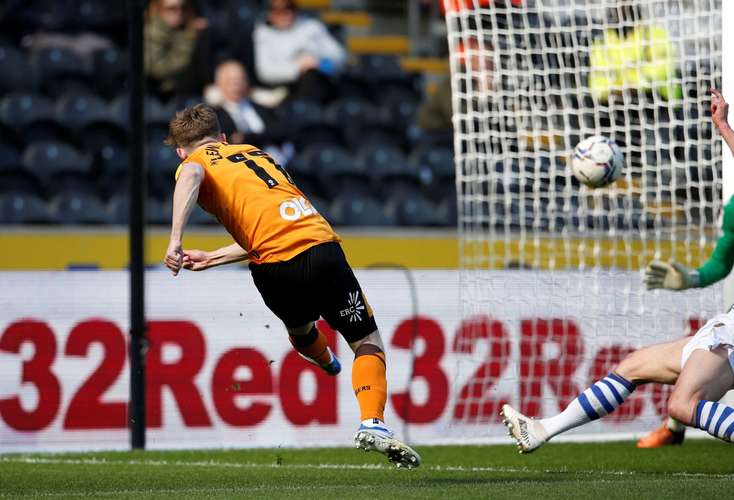 Soccer Football - Championship - Hull City v Reading - MKM Stadium, Hull, Britain - April 23, 2022 Hull City's Keane Lewis-Potter scores their first goal  Action Images/Ed Sykes  EDITORIAL USE ONLY. No use with unauthorized audio, video, data, fixture lists, club/league logos or 