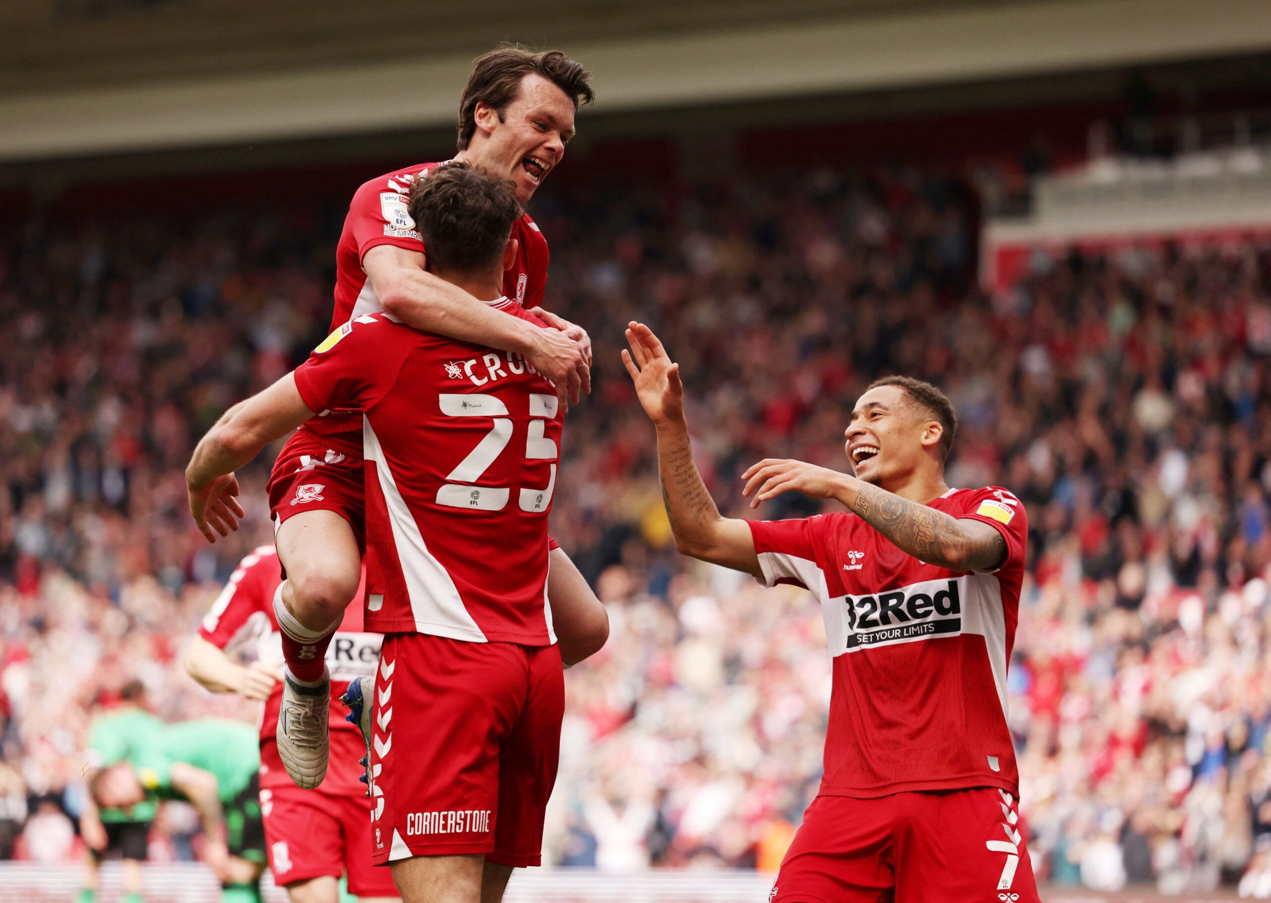 Soccer Football - Championship - Middlesbrough v Stoke City - Riverside Stadium, Middlesbrough, Britain - April 30, 2022 Middlesbrough's Matt Crooks celebrates scoring their first goal with Jonathan Howson  Action Images/John Clifton  EDITORIAL USE ONLY. No use with unauthorized audio, video, data, fixture lists, club/league logos or 