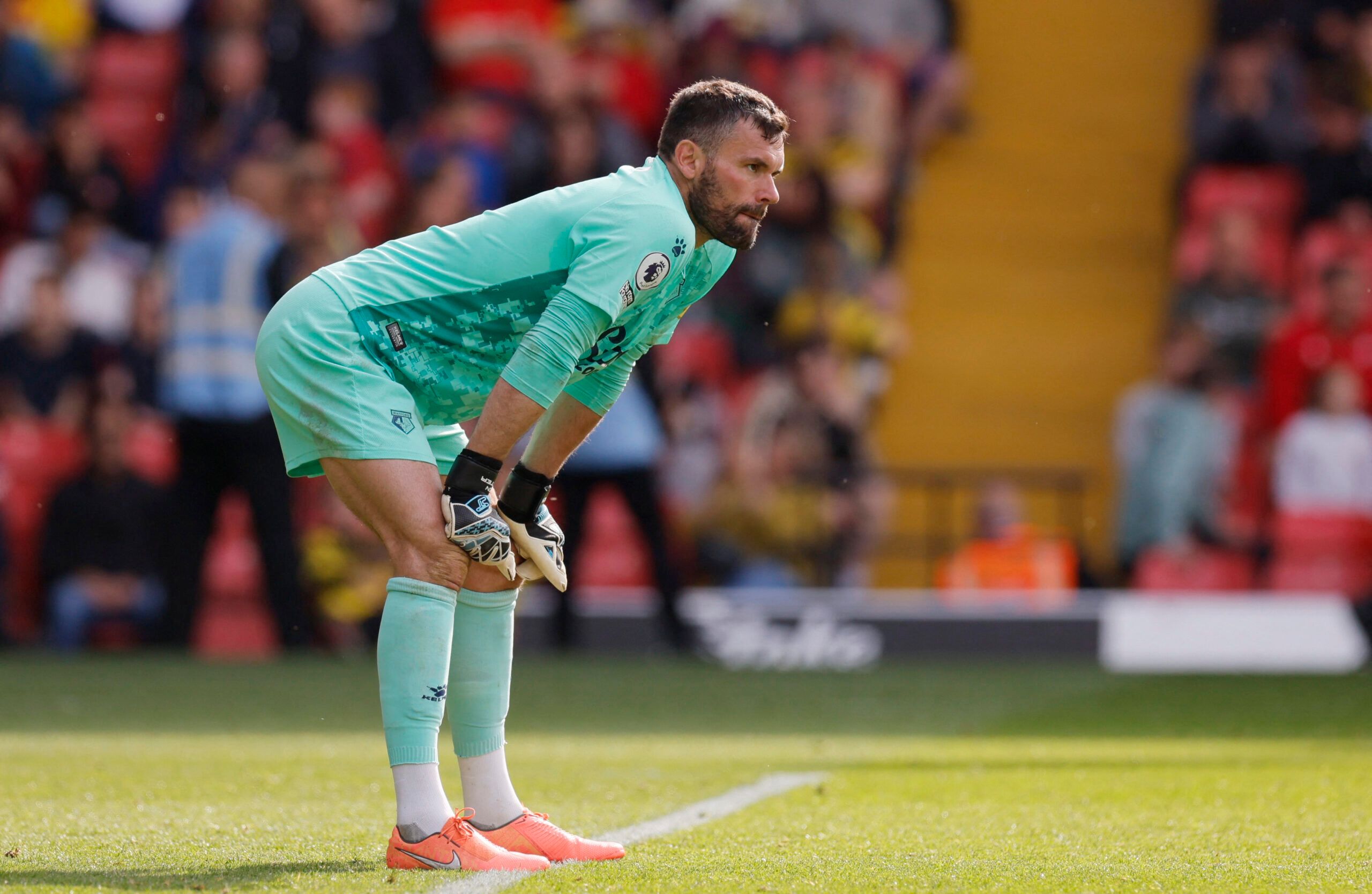 Soccer Football - Premier League - Watford v Burnley - Vicarage Road, Watford, Britain - April 30, 2022 Watford's Ben Foster looks dejected after conceding their second goal Action Images via Reuters/Andrew Couldridge EDITORIAL USE ONLY. No use with unauthorized audio, video, data, fixture lists, club/league logos or 'live' services. Online in-match use limited to 75 images, no video emulation. No use in betting, games or single club /league/player publications.  Please contact your account repr