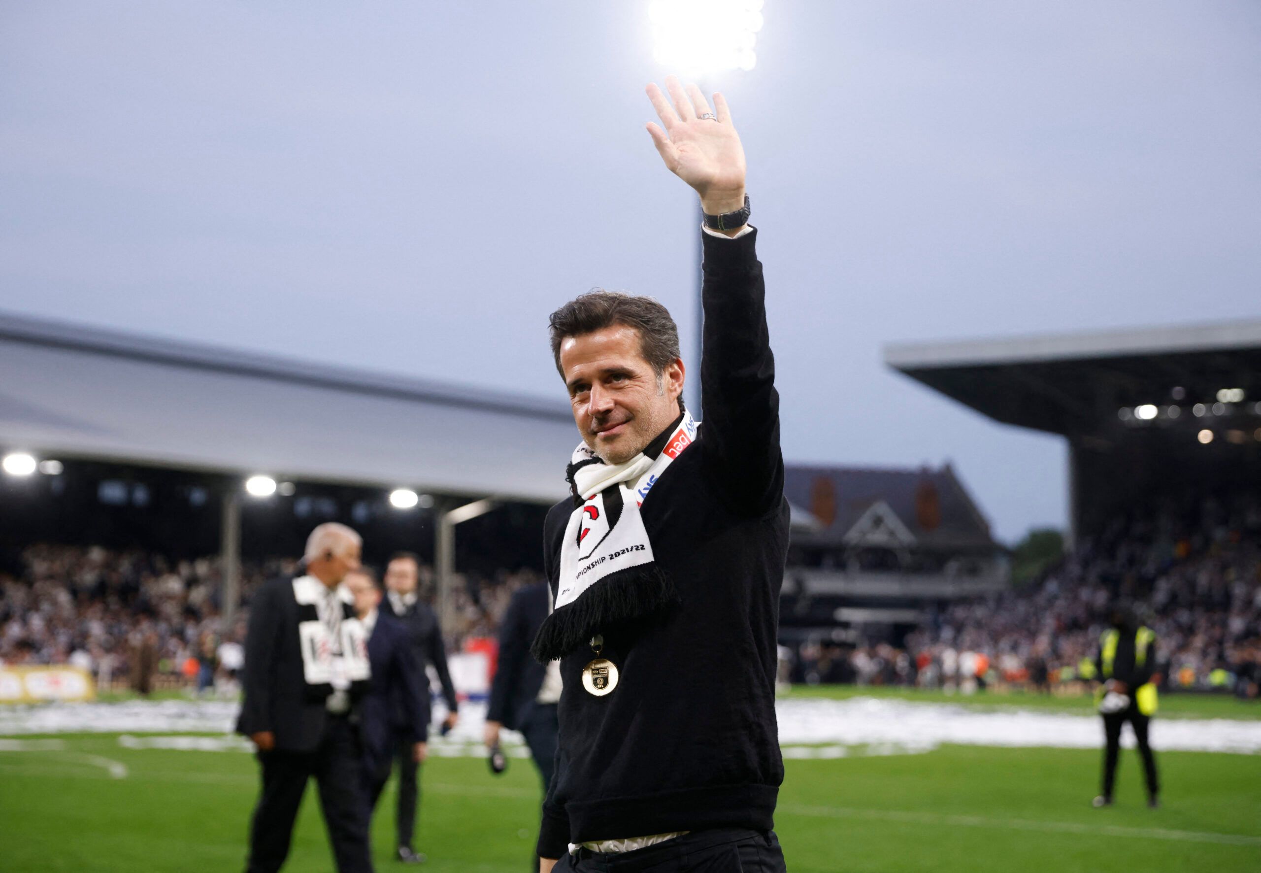 Soccer Football - Championship - Fulham v Luton Town - Craven Cottage, London, Britain- May 2, 2022 Fulham manager Marco Silva celebrates after winning the Championship Action Images by REUTERS/John Sibley EDITORIAL USE ONLY. No use with unauthorized audio, video, data, fixture lists, club/league logos or 'live' services. Online in-match use limited to 75 images, no video emulation. No use in betting, games or single club /league/player publications.  Please contact your account representative f
