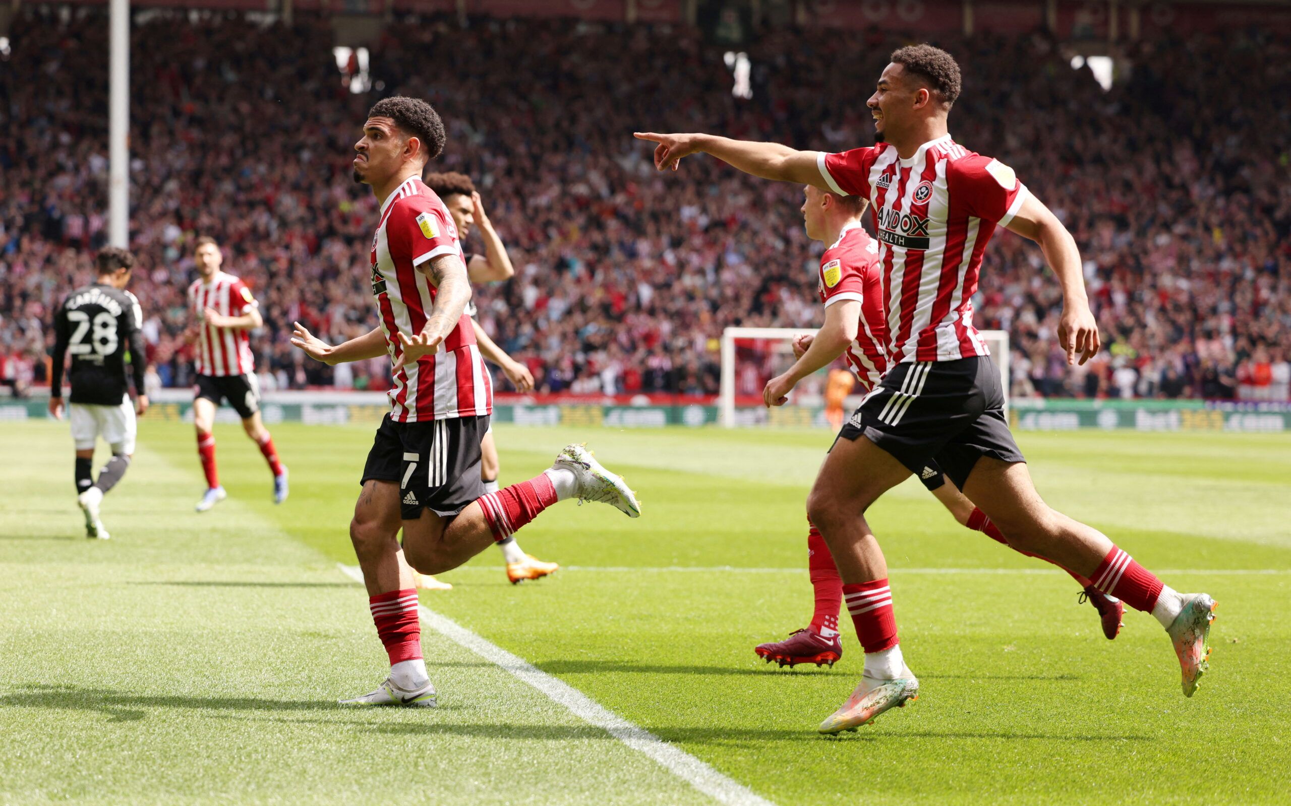 Soccer Football - Championship - Sheffield United v Fulham - Bramall Lane, Sheffield, Britain - May 7, 2022 Sheffield United's Morgan Gibbs-White celebrates scoring their first goal     Action Images/John Clifton  EDITORIAL USE ONLY. No use with unauthorized audio, video, data, fixture lists, club/league logos or 