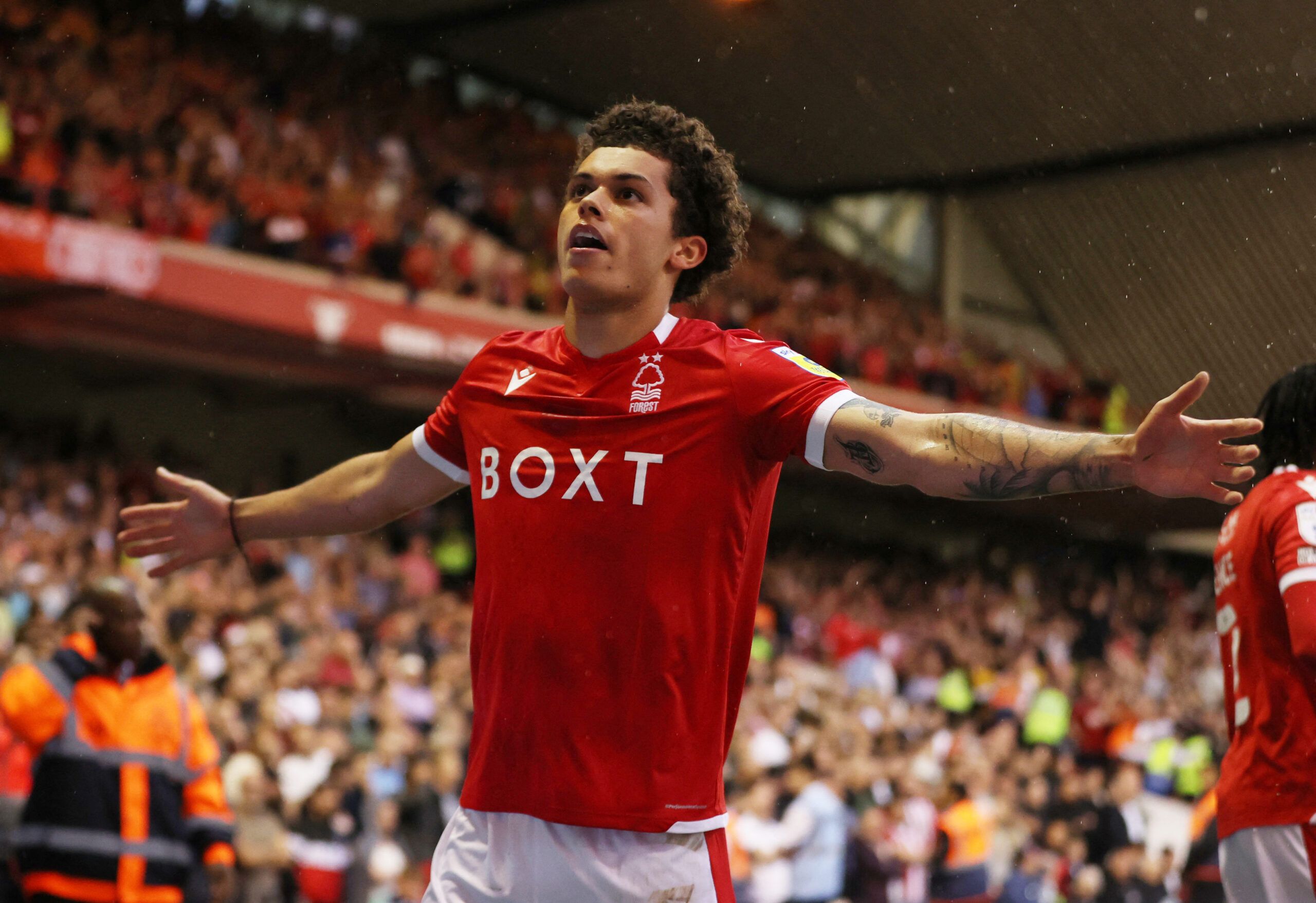 Soccer Football - Championship - Play-Offs Second Leg - Nottingham Forest v Sheffield United - The City Ground, Nottingham, Britain - May 17, 2022 Nottingham Forest's Brennan Johnson celebrates scoring their first goal Action Images via Reuters/Molly Darlington